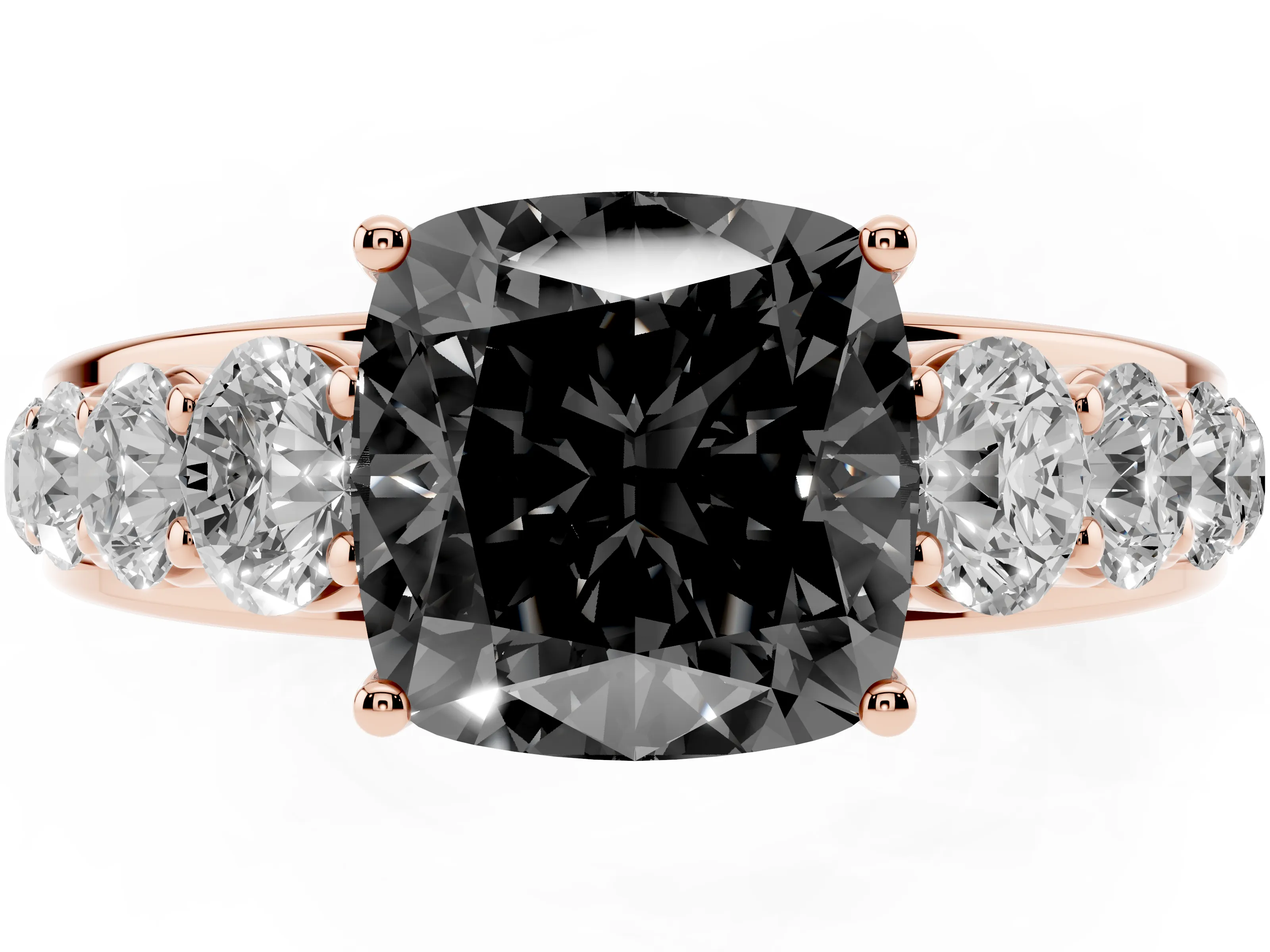 Fancy Black Cushion Cut Diamond Solitaire Ring Set in Rose gold with Pavé-Set Band and Prong Setting