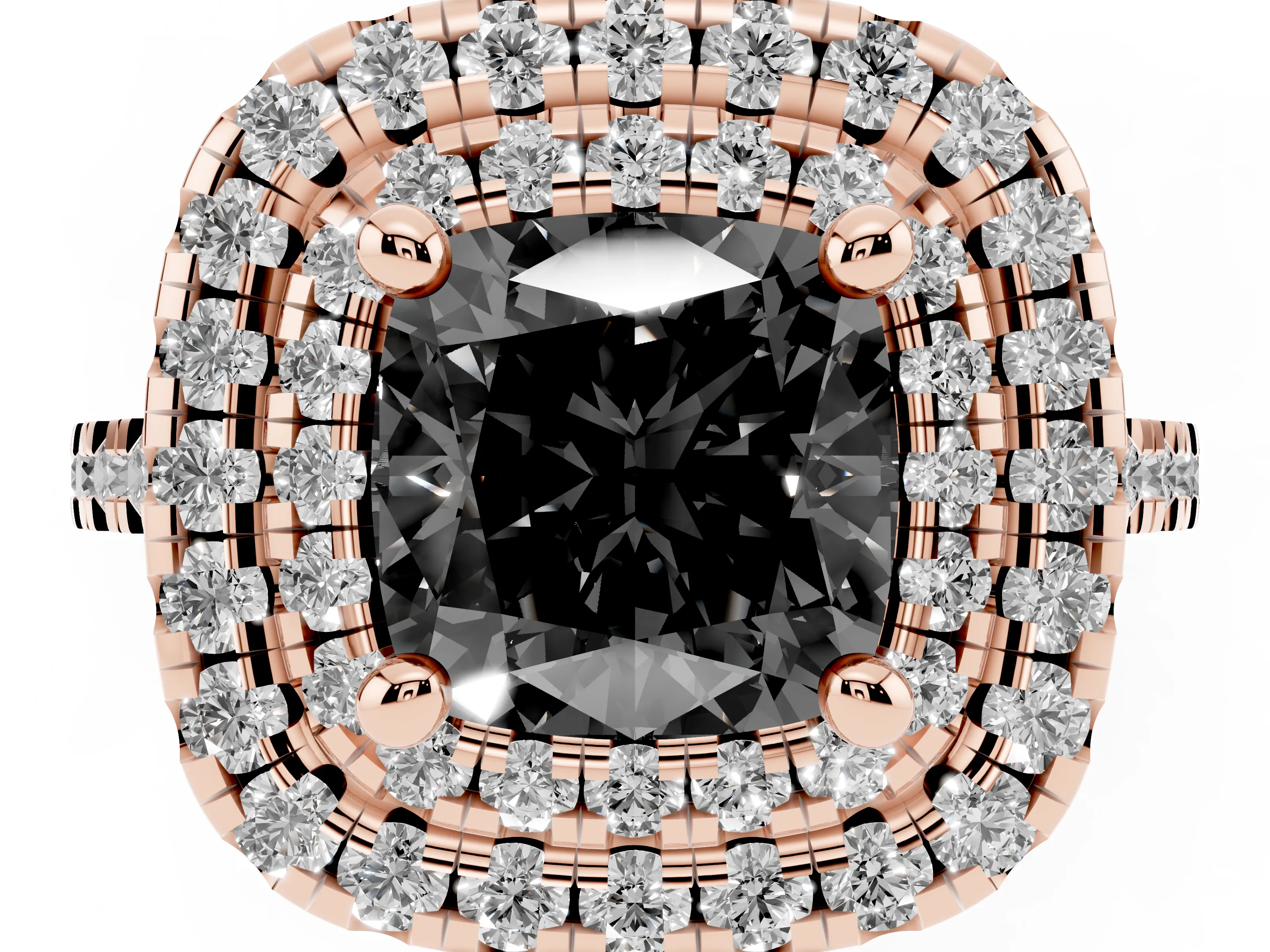 Fancy Black Cushion Cut Diamond Double Halo Statement Ring Set in Rose gold with Pavé Band