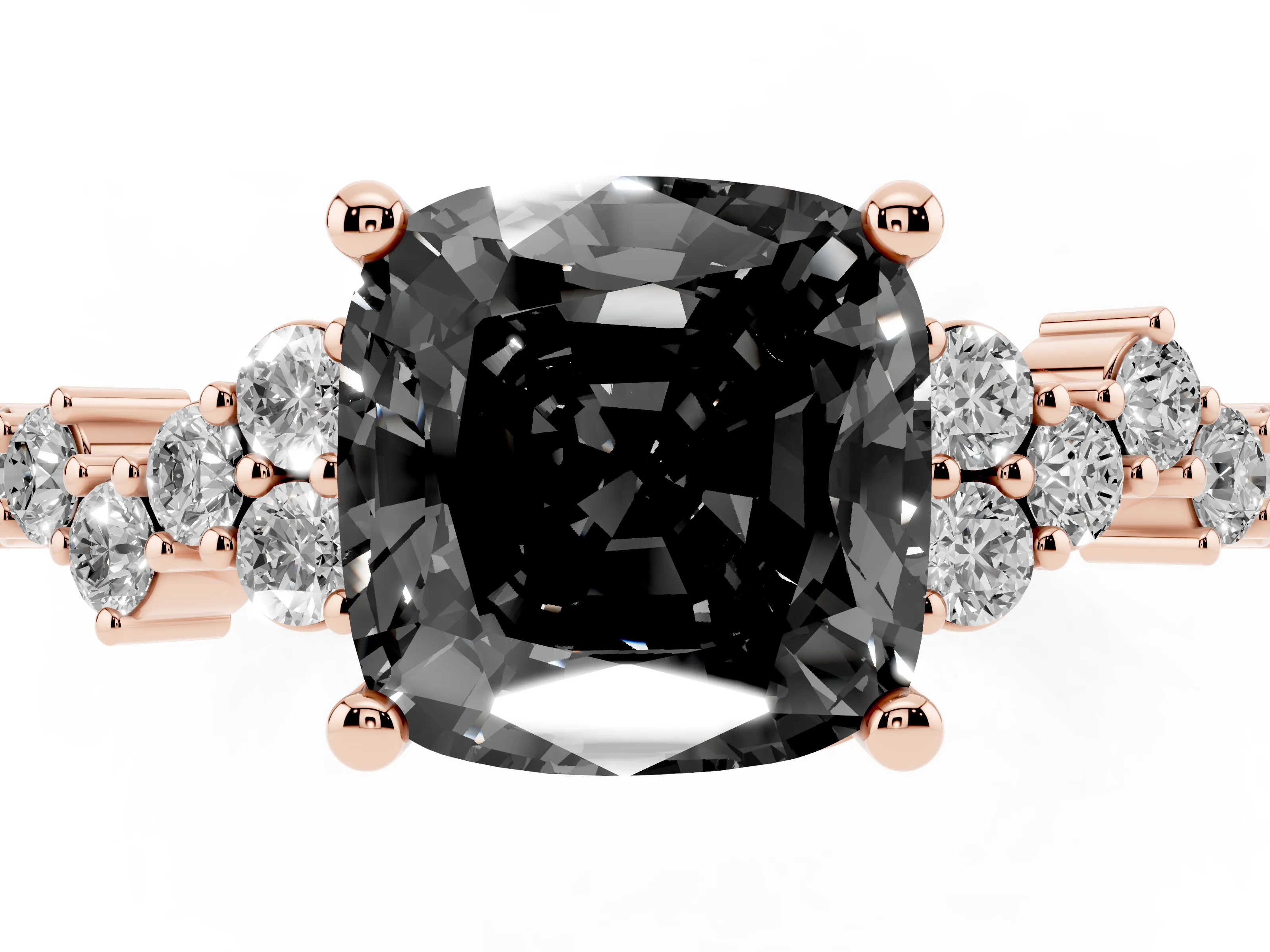 Fancy Black Cushion Cut Diamond Ring Set in Rose gold with Scattered Round Accents