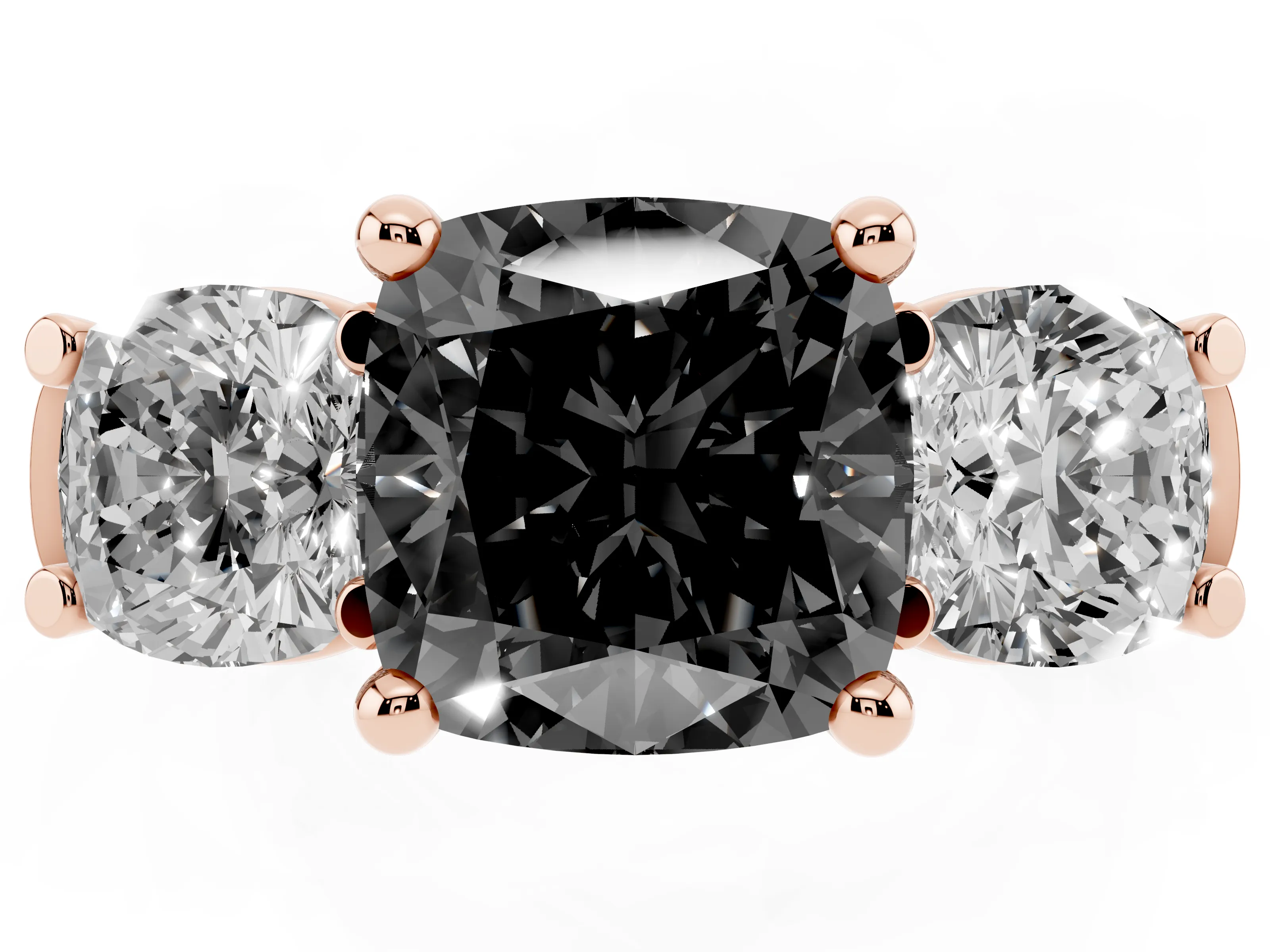 Fancy Black Cushion Cut Diamond Three-Stone Trellis Ring Set in Rose gold with Comfort Fit Band