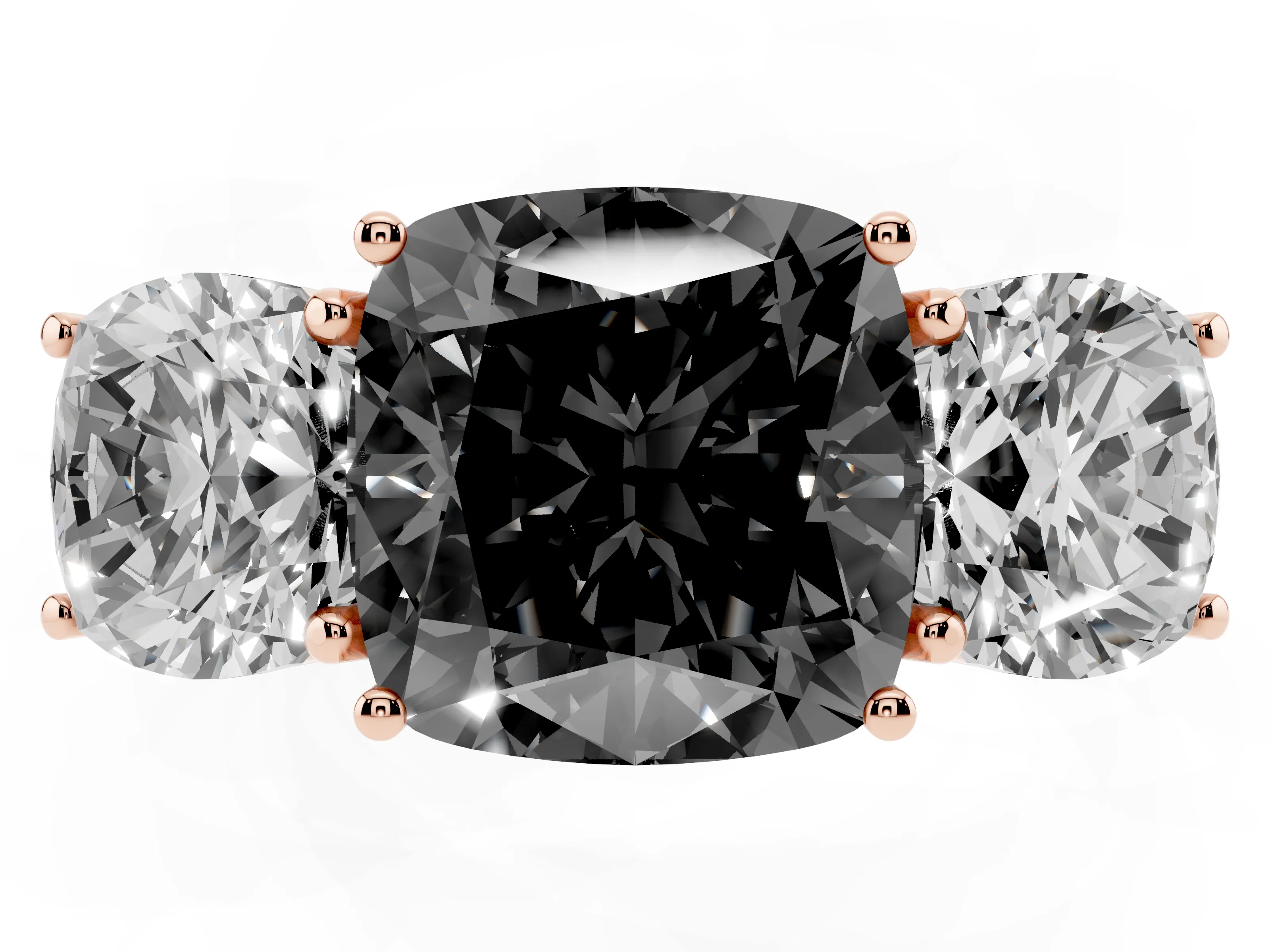 Fancy Black Cushion Cut Diamond Three-Stone Ring Set in Rose gold with Braided Band