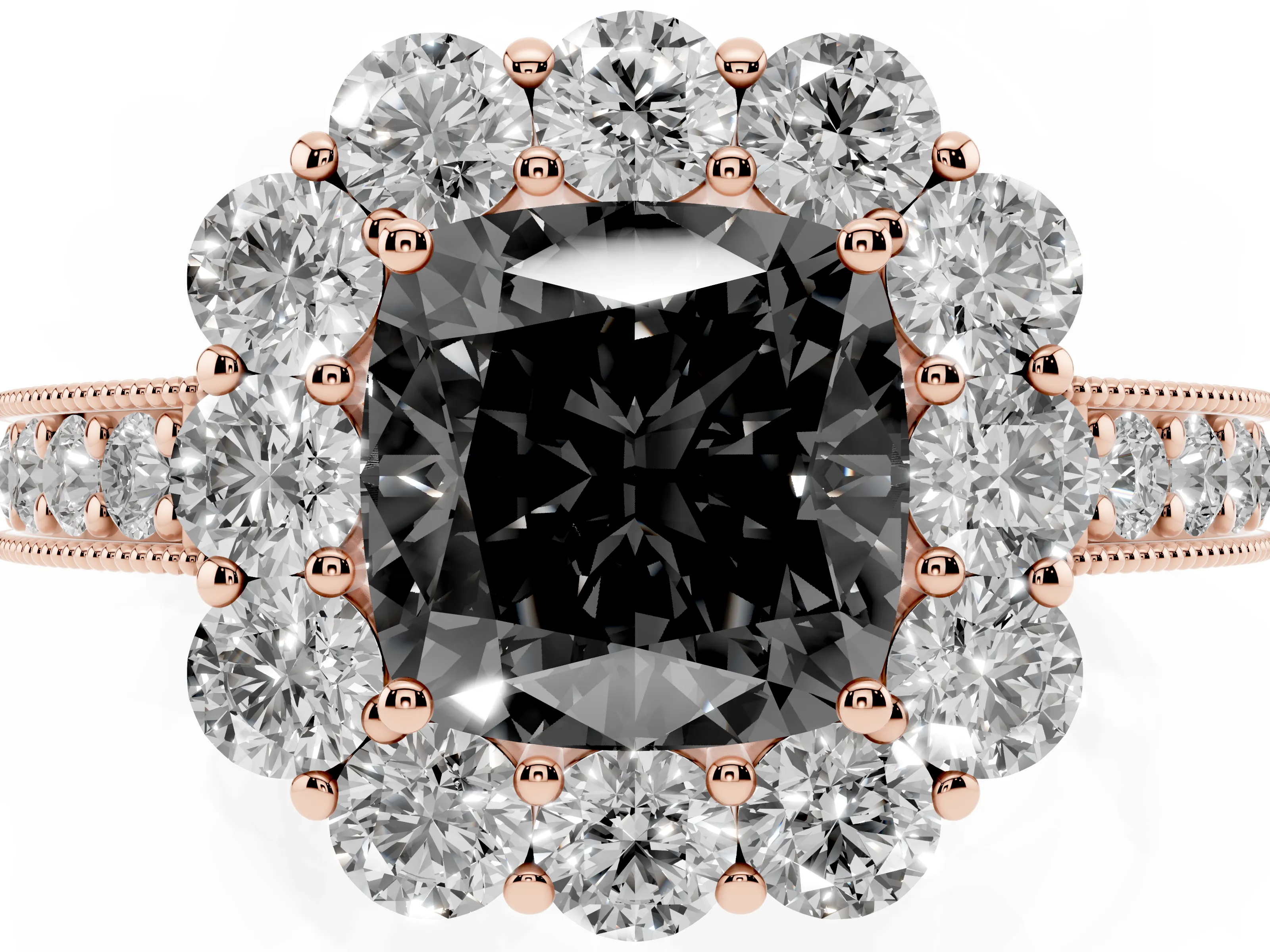 Fancy Black Cushion Cut Diamond Halo Pavé Engagement Ring Set in Rose gold with Milgrain Detailing