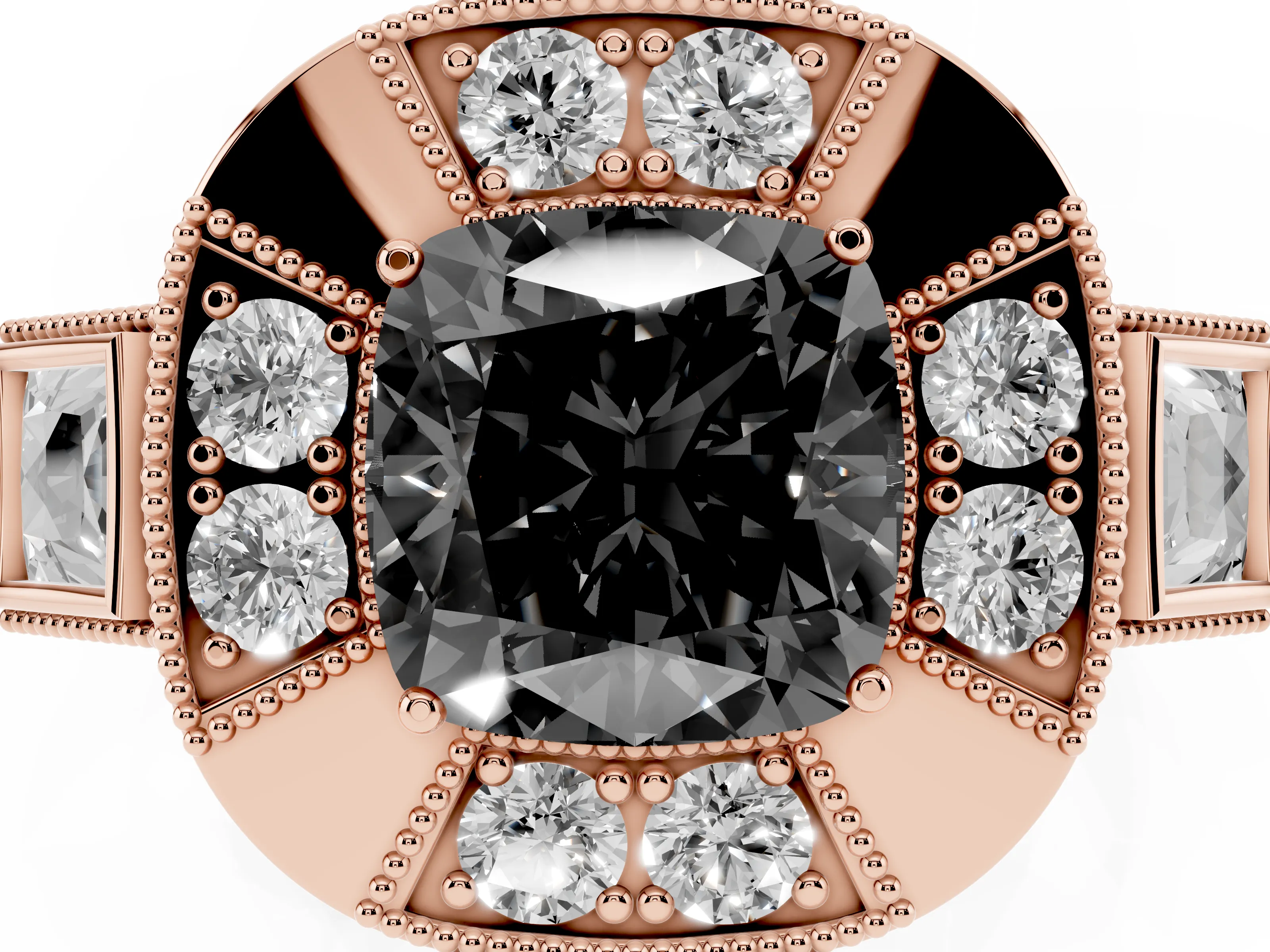 Fancy Black Cushion Cut Diamond Milgrain Halo Ring Set in Rose gold with Split Shank