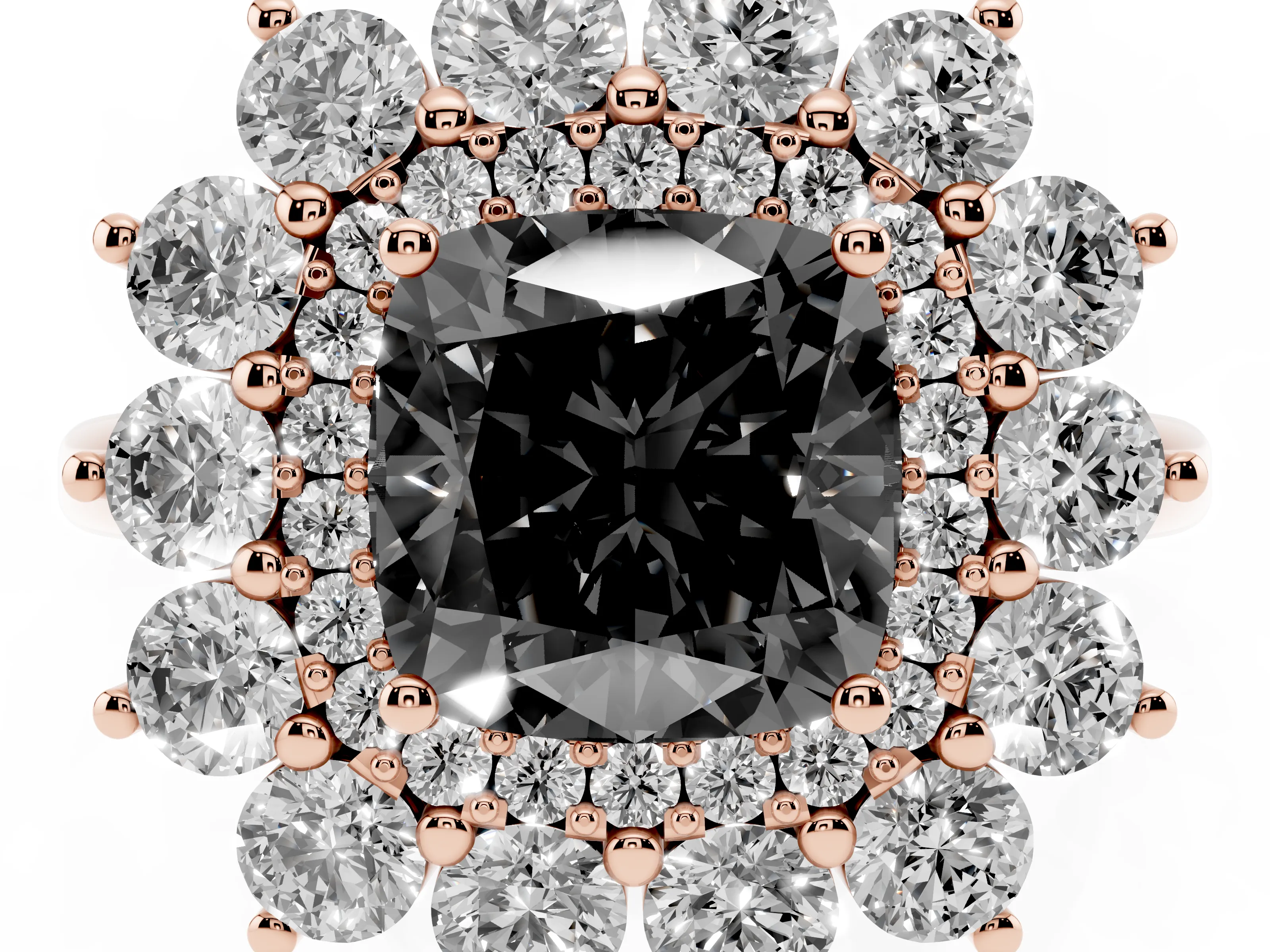 Fancy Black Cushion Cut Diamond Floral Double Halo Ring Set in Rose gold with Round Petals