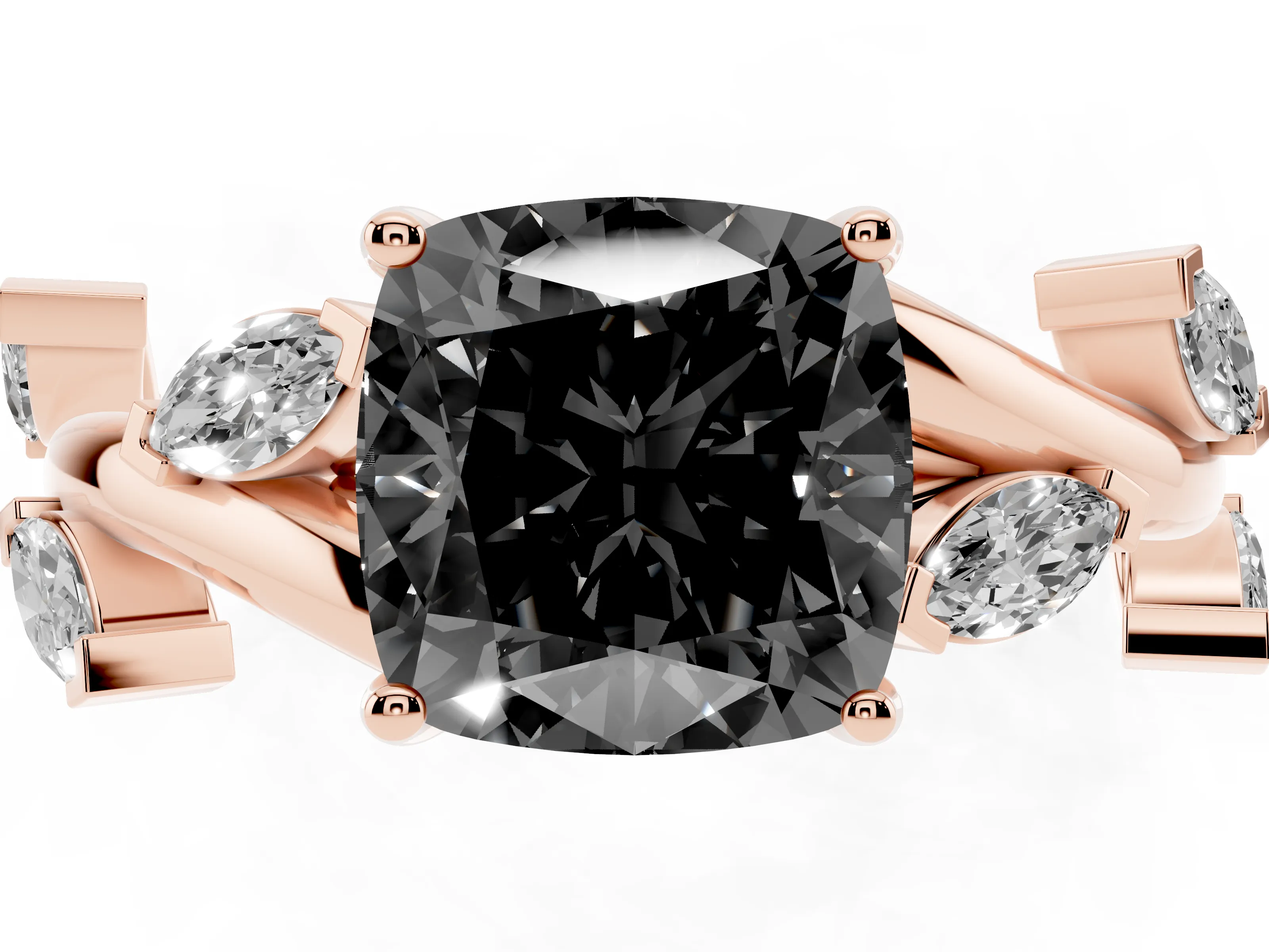 Fancy Black Cushion Cut Diamond Solitaire Ring Set in Rose gold with Twisted Marquise Accent Band