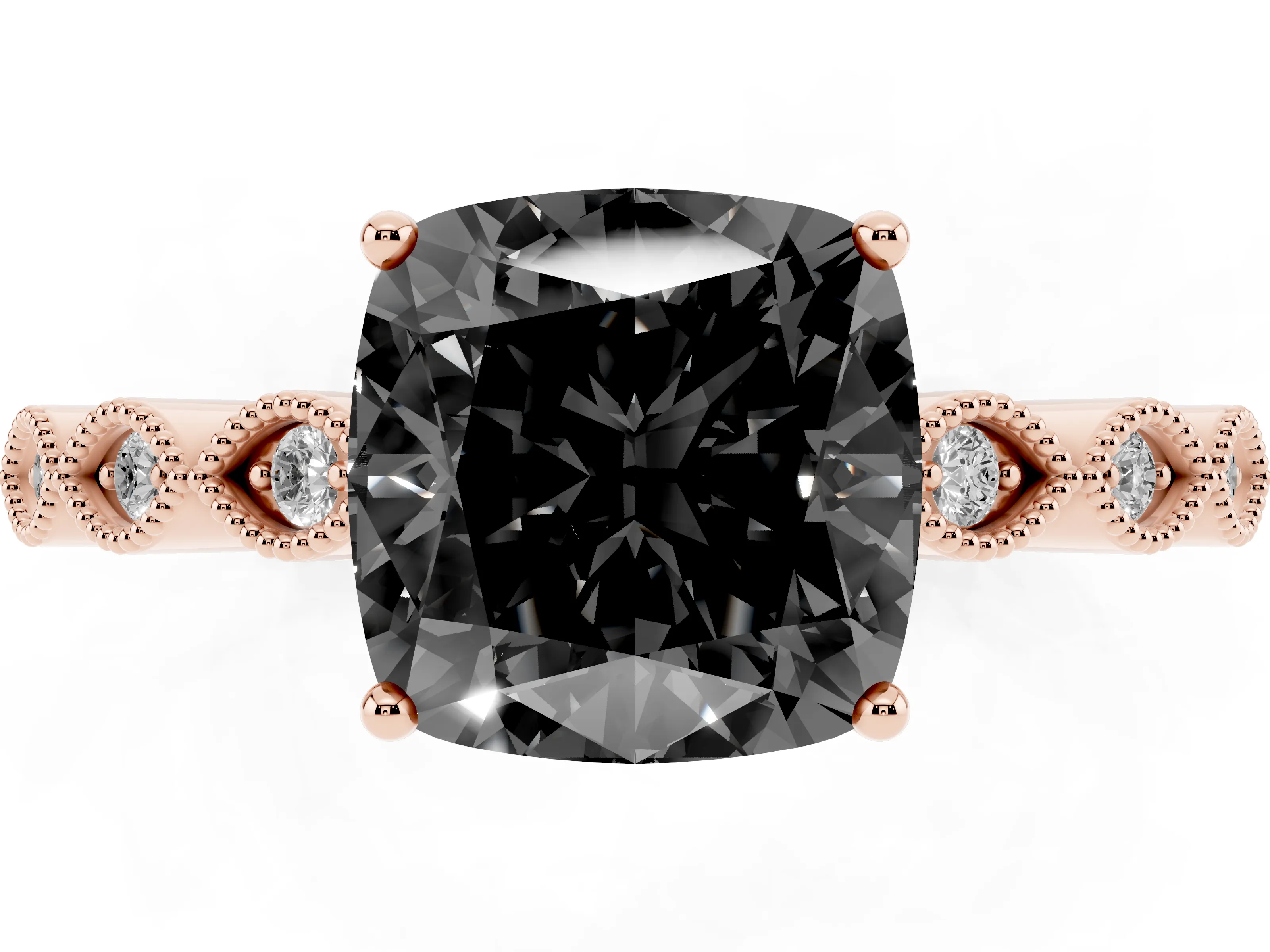 Fancy Black Cushion Cut Diamond Solitaire Ring Set in Rose gold with Infinity Twist Pavé Band