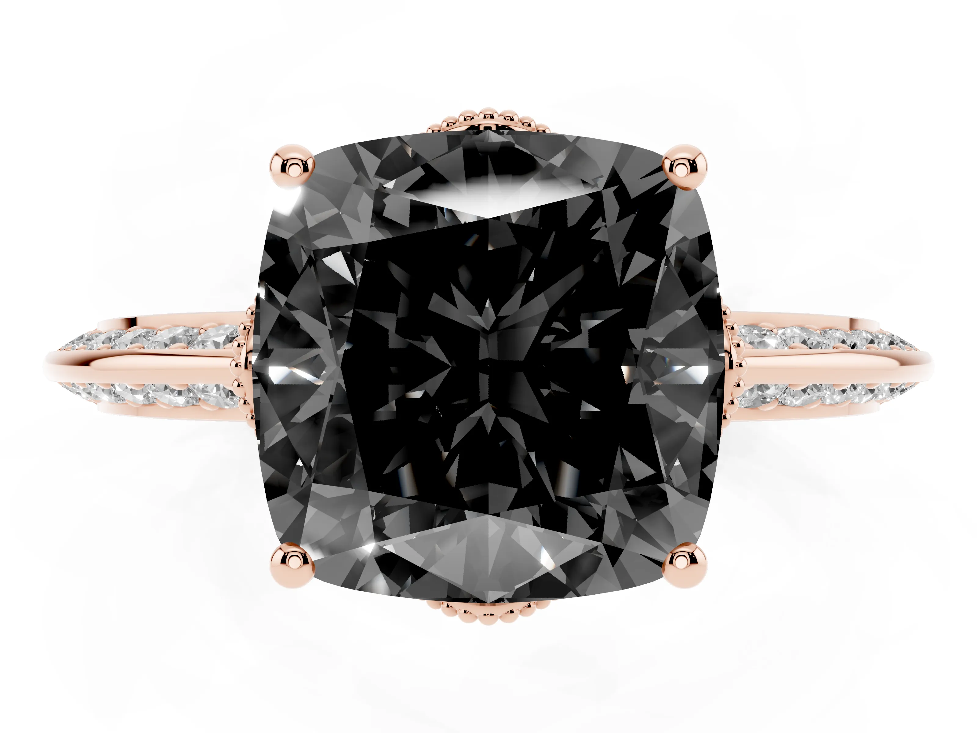 Fancy Black Cushion Cut Diamond Solitaire Engagement Ring Set in Rose gold with Pavé Split Shank and Prong Setting