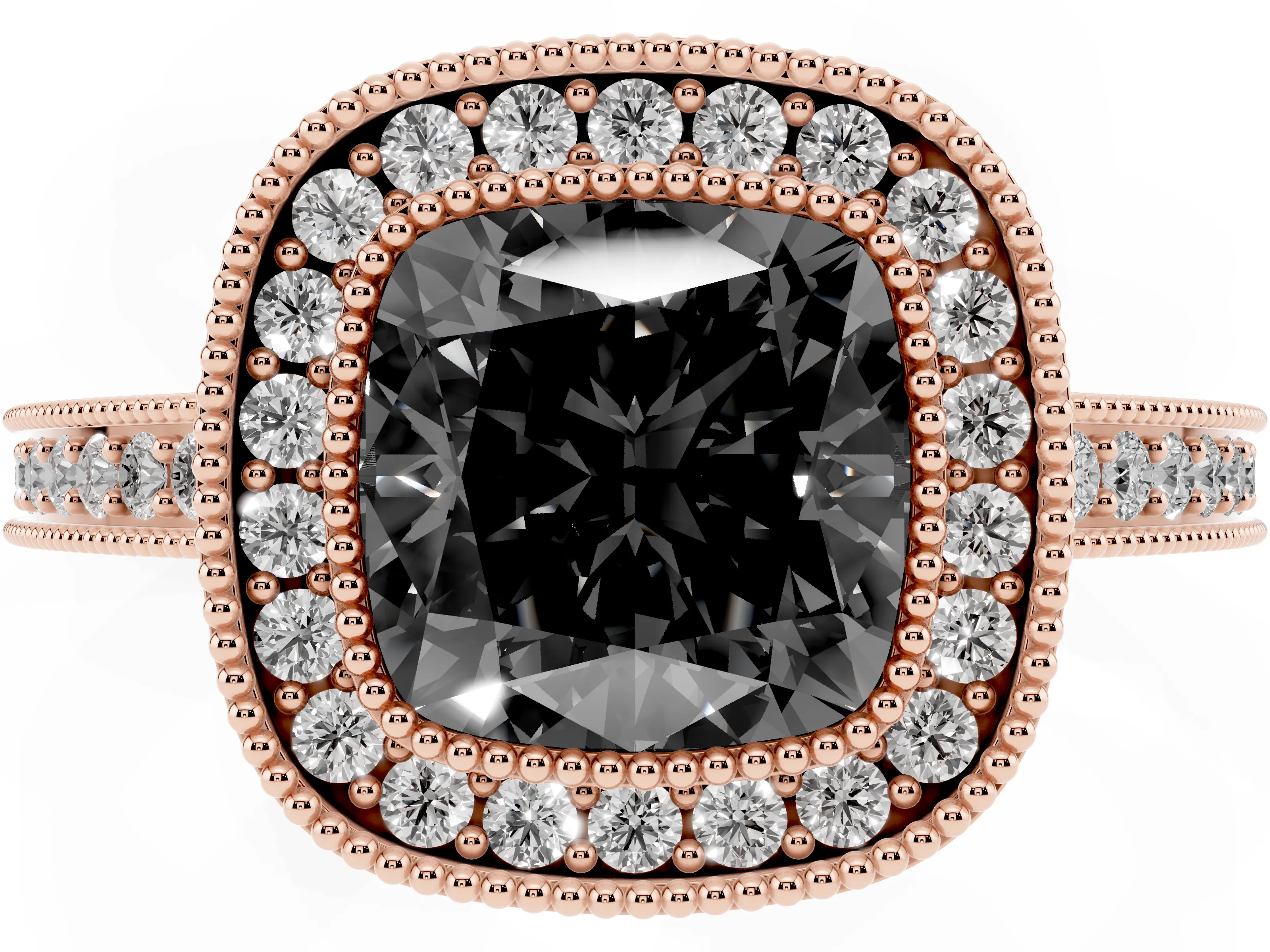 Fancy Black Cushion Cut Diamond Round Halo Ring Set in Rose gold with Pavé Band
