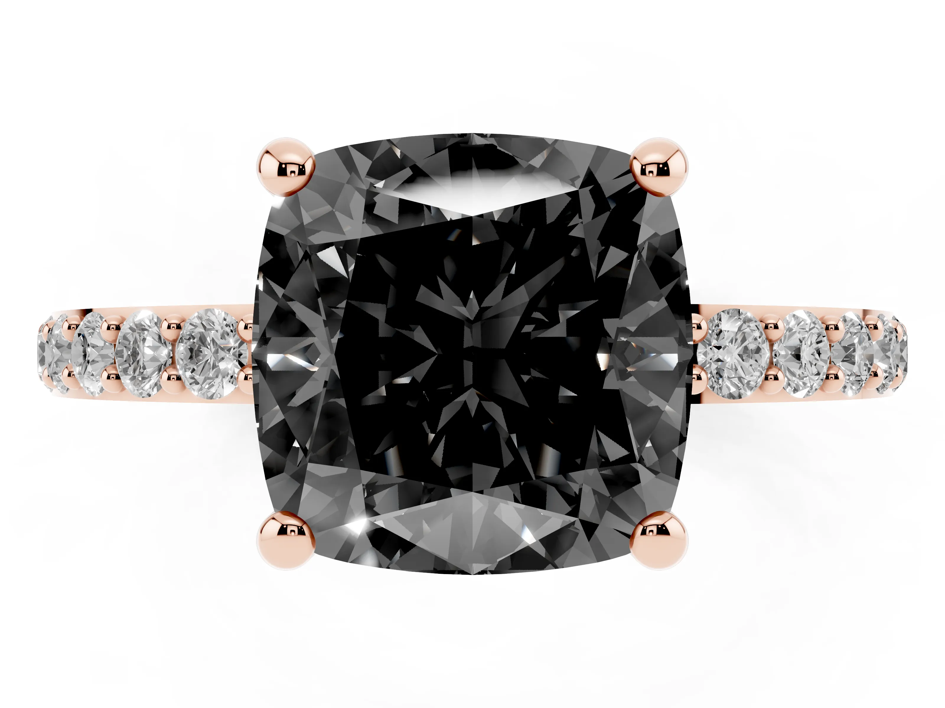 Fancy Black Cushion Cut Diamond Solitaire Ring Set in Rose gold with Round Pavé Band and Prong Setting