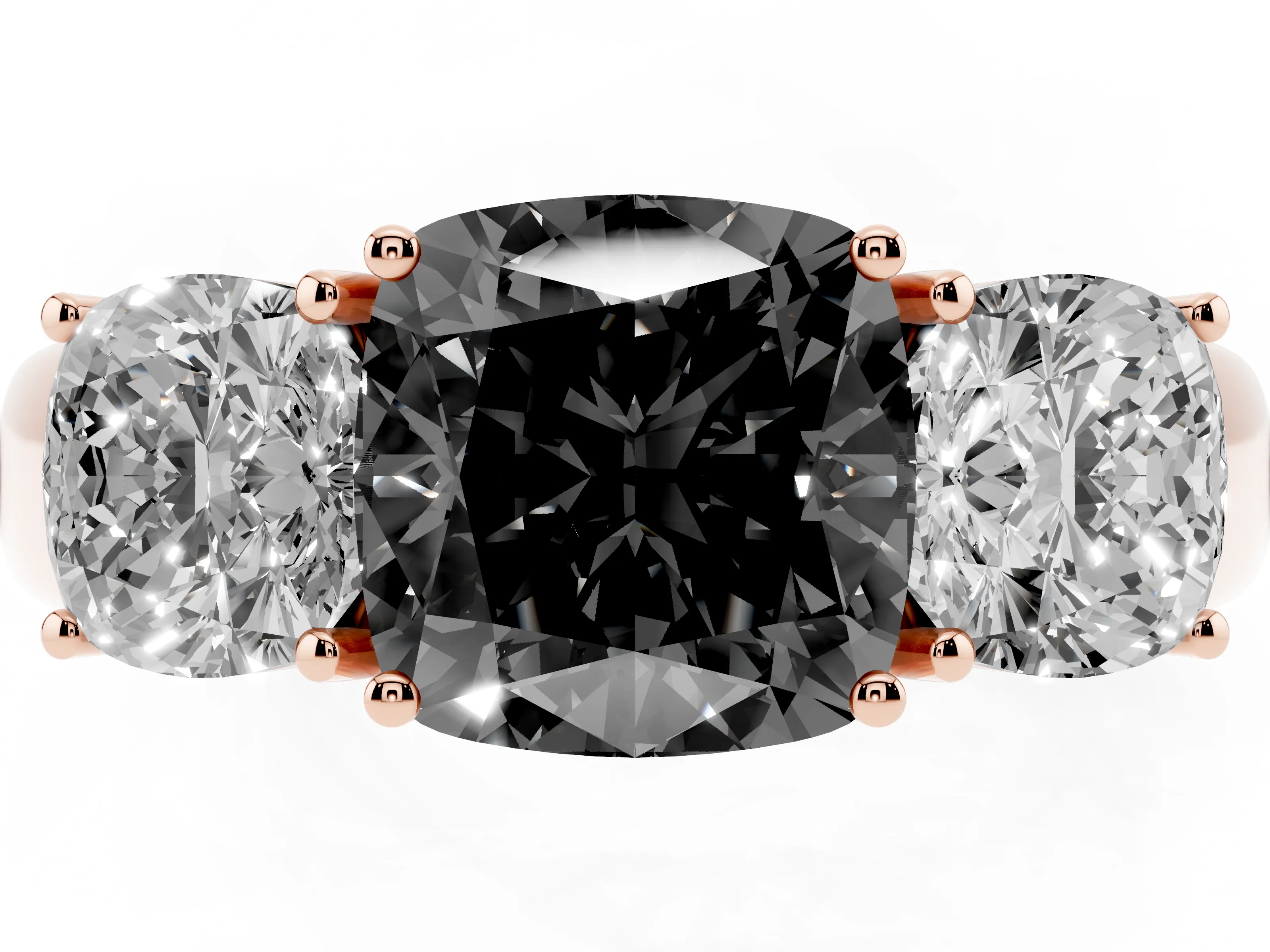 Cushion Cut Three Stone Engagement Ring Setting for a Black Center | Rose Gold