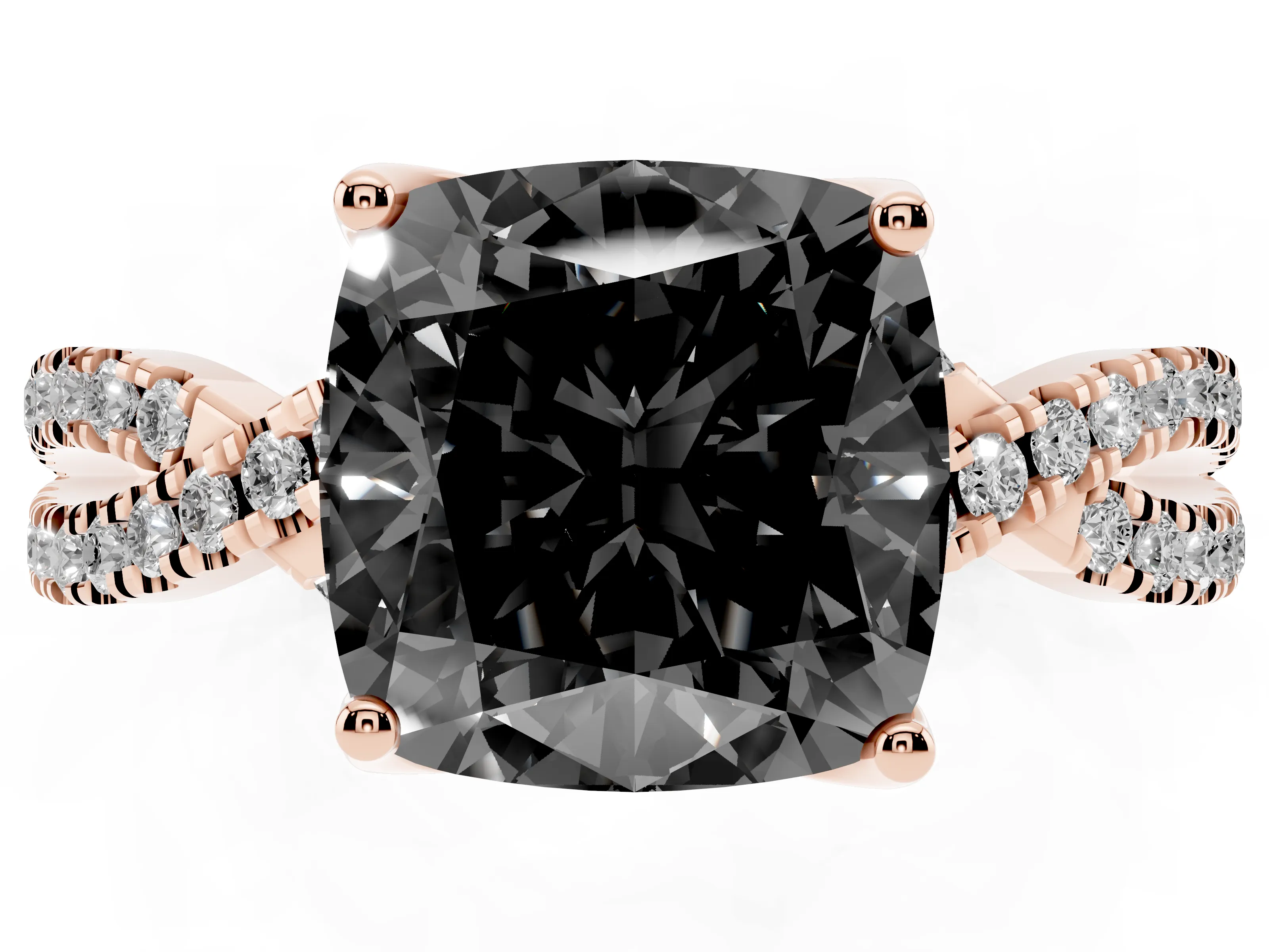 Fancy Black Cushion Cut Diamond Twist Pavé Solitaire Engagement Ring Set in Rose gold with Prong Setting