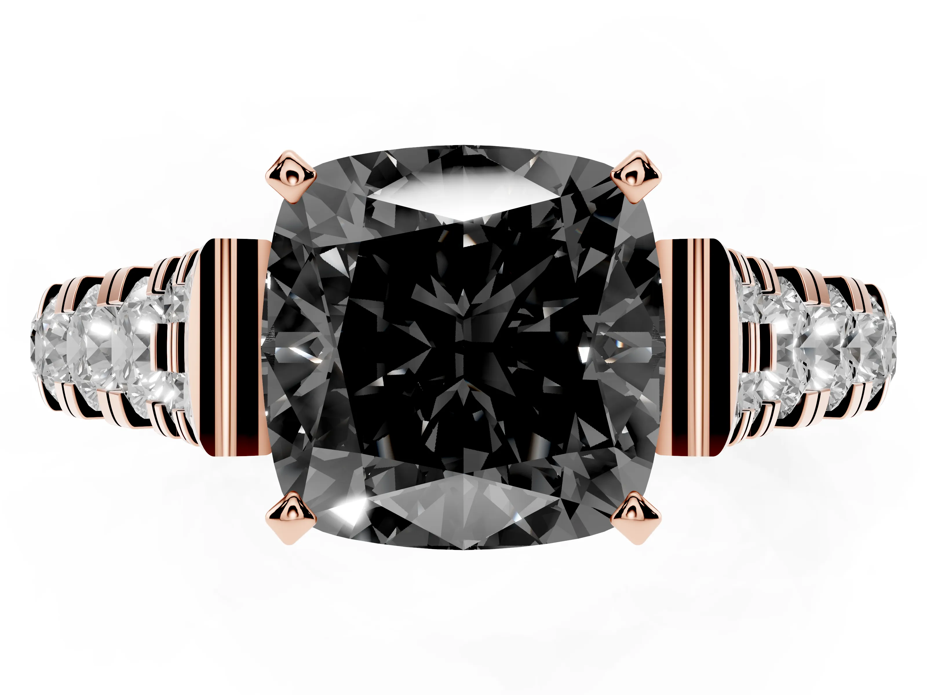 Fancy Black Cushion Cut Diamond Classic Solitaire Ring Set in Rose gold with Pavé Band and Prong Setting