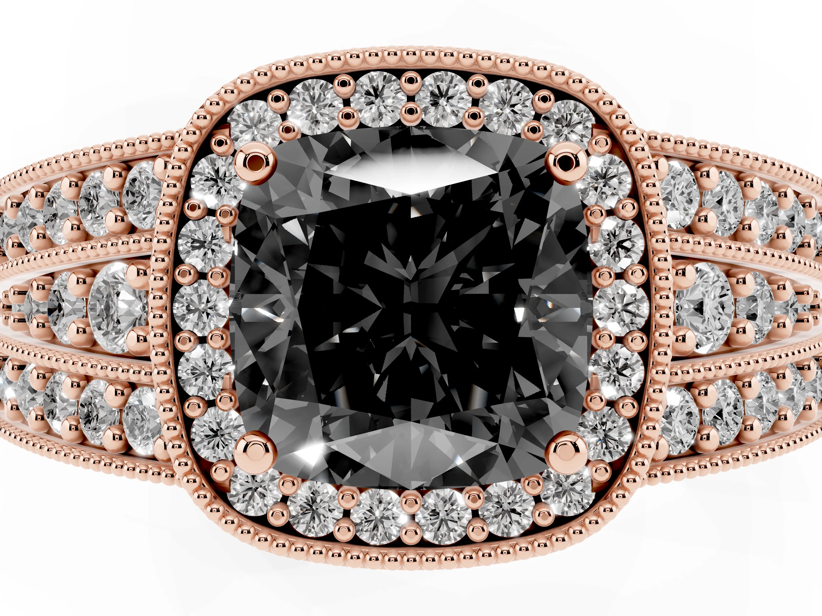 Fancy Black Cushion Cut Diamond Halo Ring Set in Rose gold with Accent Split Shank and Prong Setting
