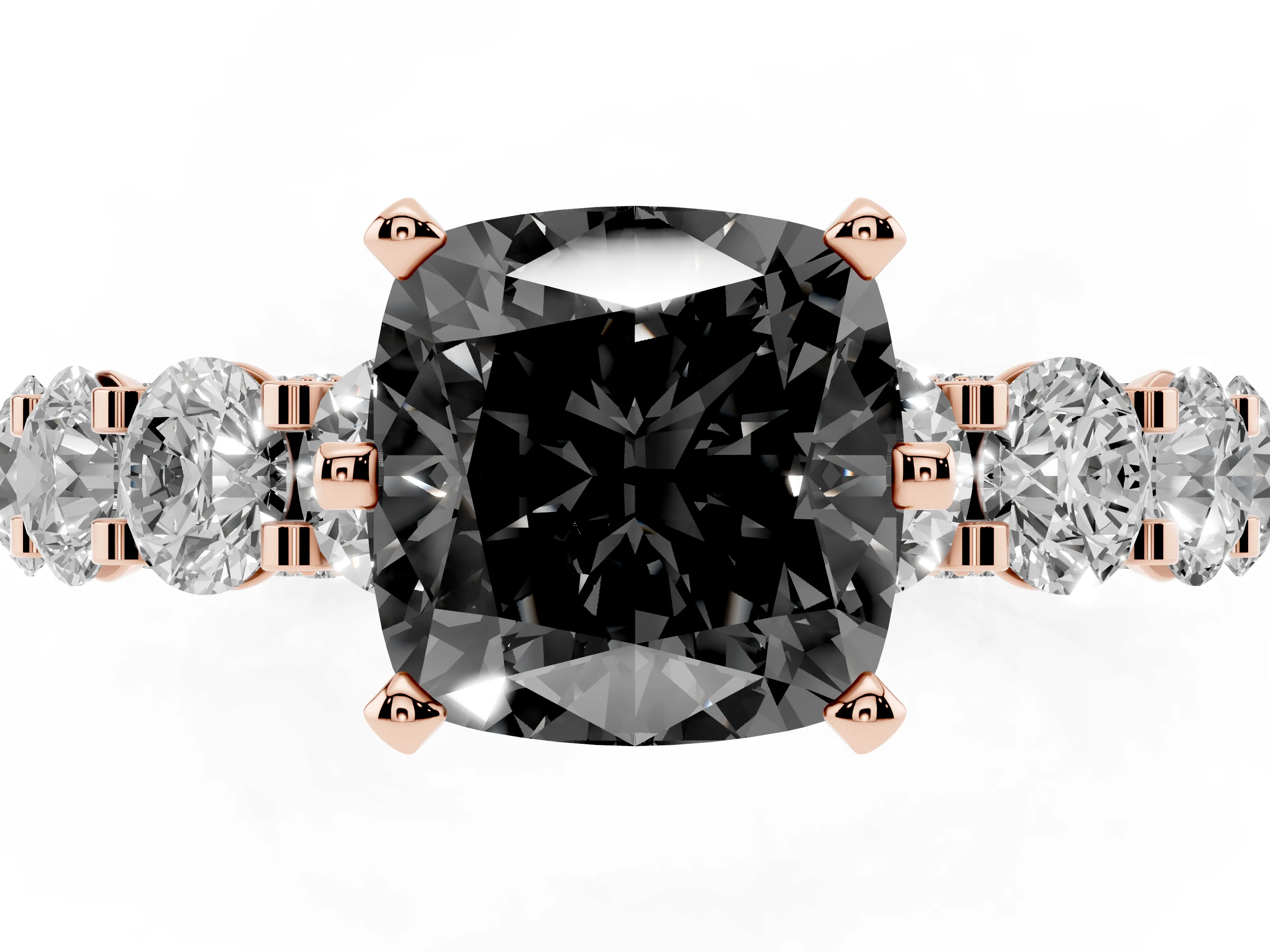 Fancy Black Cushion Cut Diamond Side Stone Ring Set in Rose gold with Alternating Round and Oval Side Stones