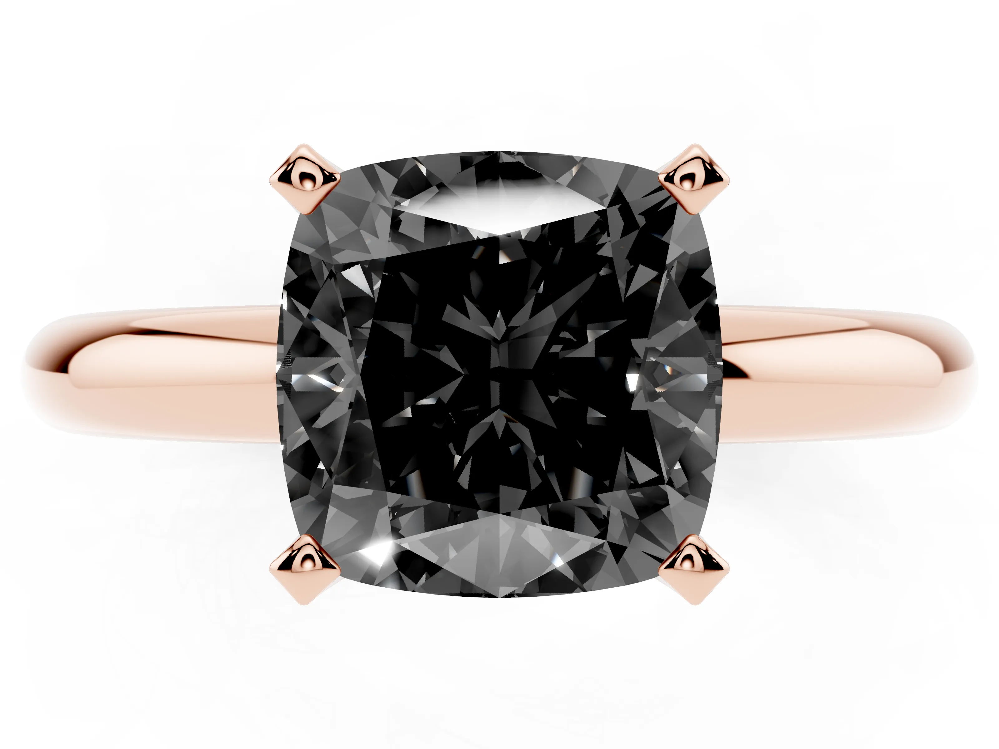 Fancy Black Cushion Cut Diamond Solitaire Engagement Ring Set in Rose gold with Round Band and Prong Setting