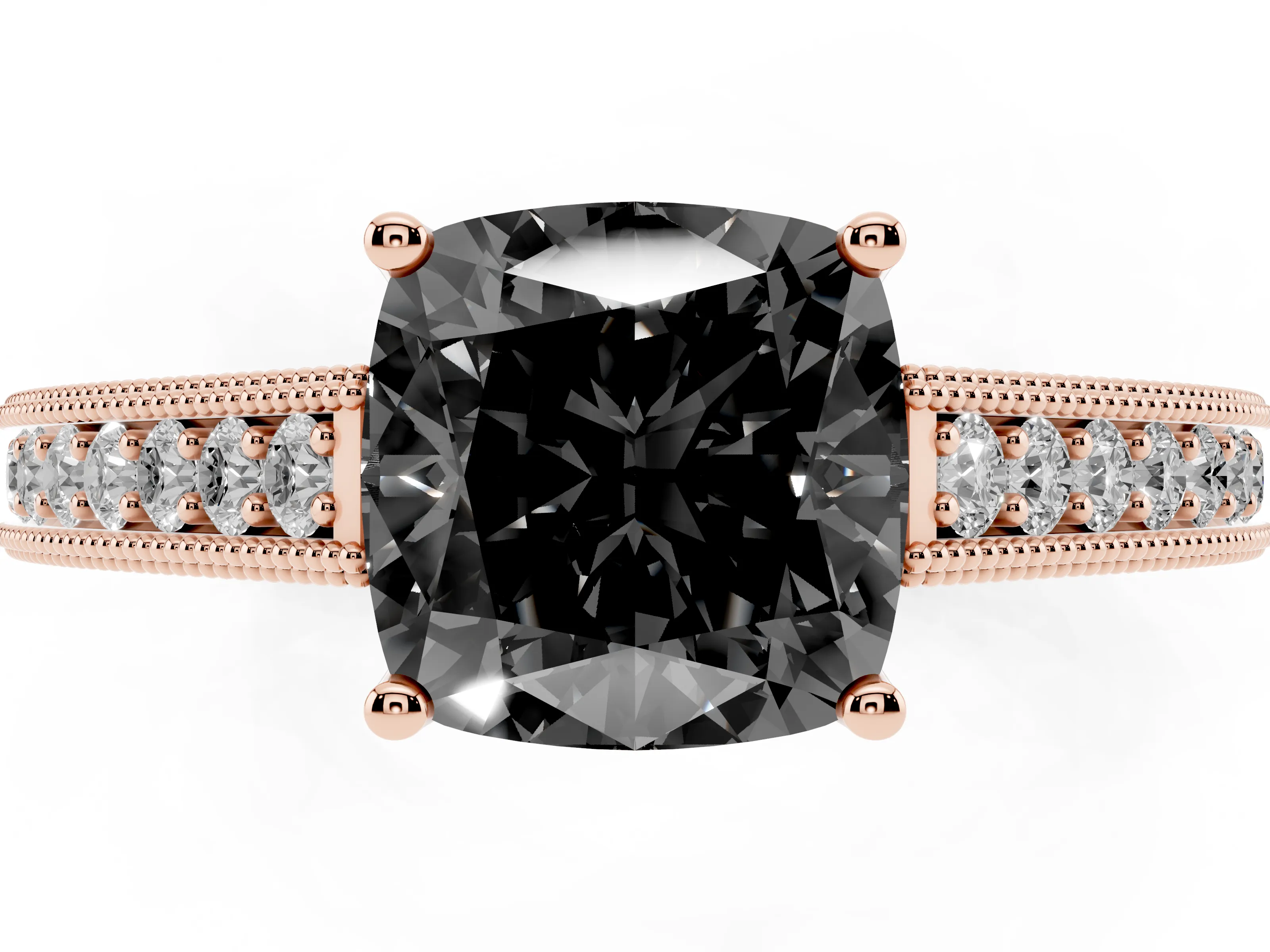 Fancy Black Cushion Cut Diamond Milgrain Pavé Band Solitaire Ring Set in Rose gold with Prong Setting
