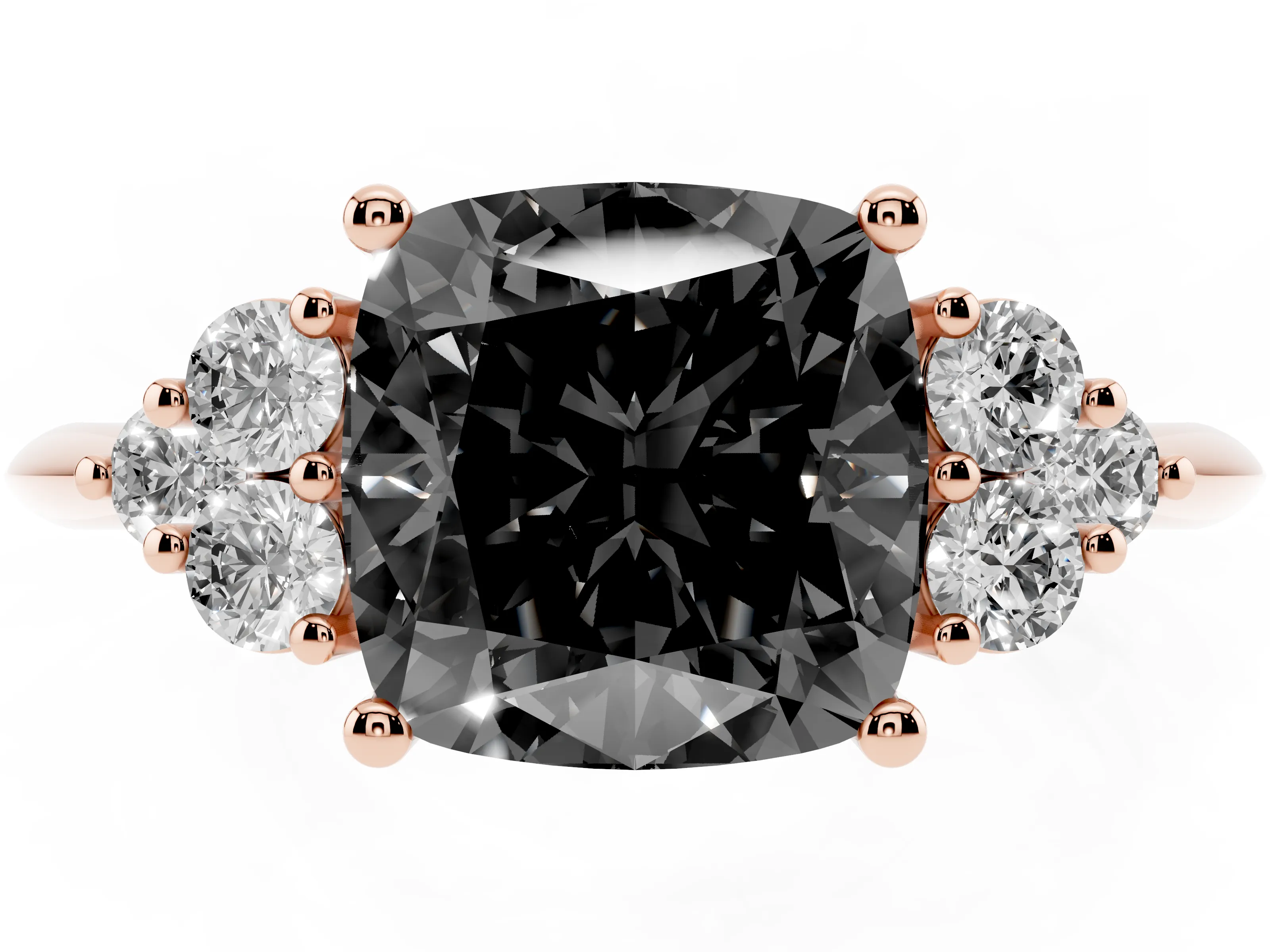 Fancy Black Cushion Cut Diamond Cluster Ring Set in Rose gold with Plain Band and Prong Setting