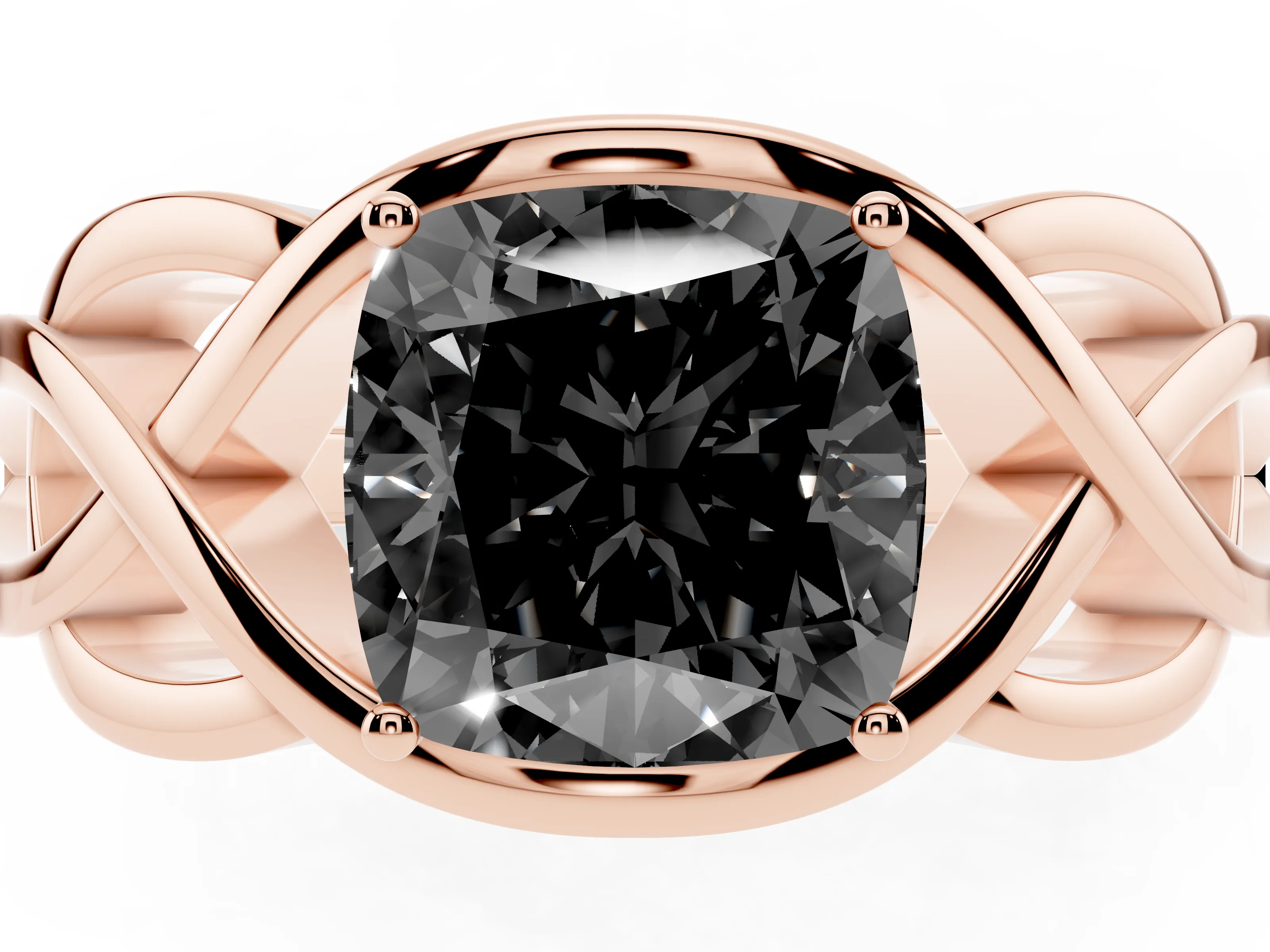 Fancy Black Cushion Cut Diamond Solitaire Ring Set in Rose gold with Intertwined Band