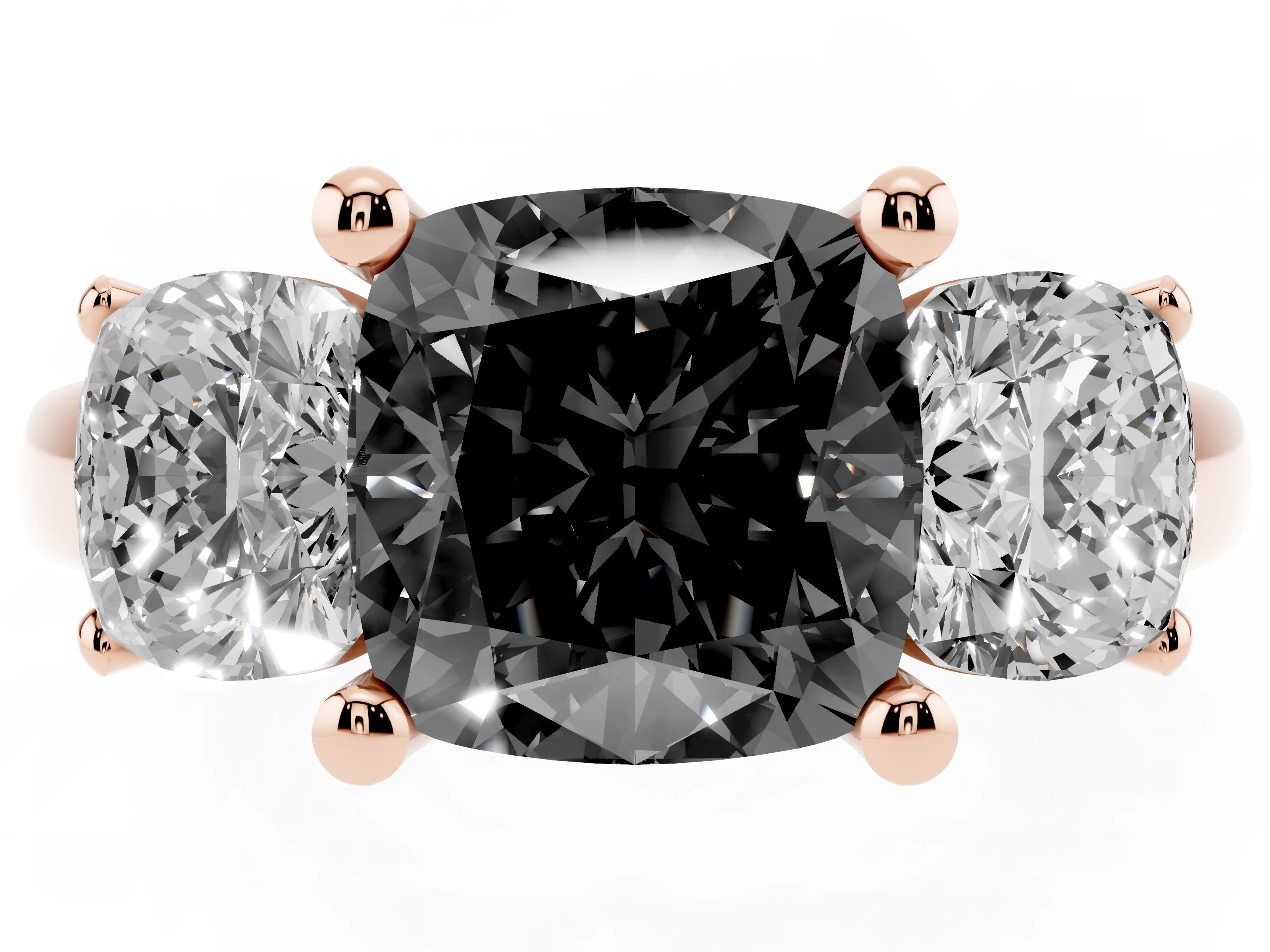 Fancy Black Cushion Cut Diamond Three-Stone Ring Set in Rose gold with Classic Prong Setting and Plain Band