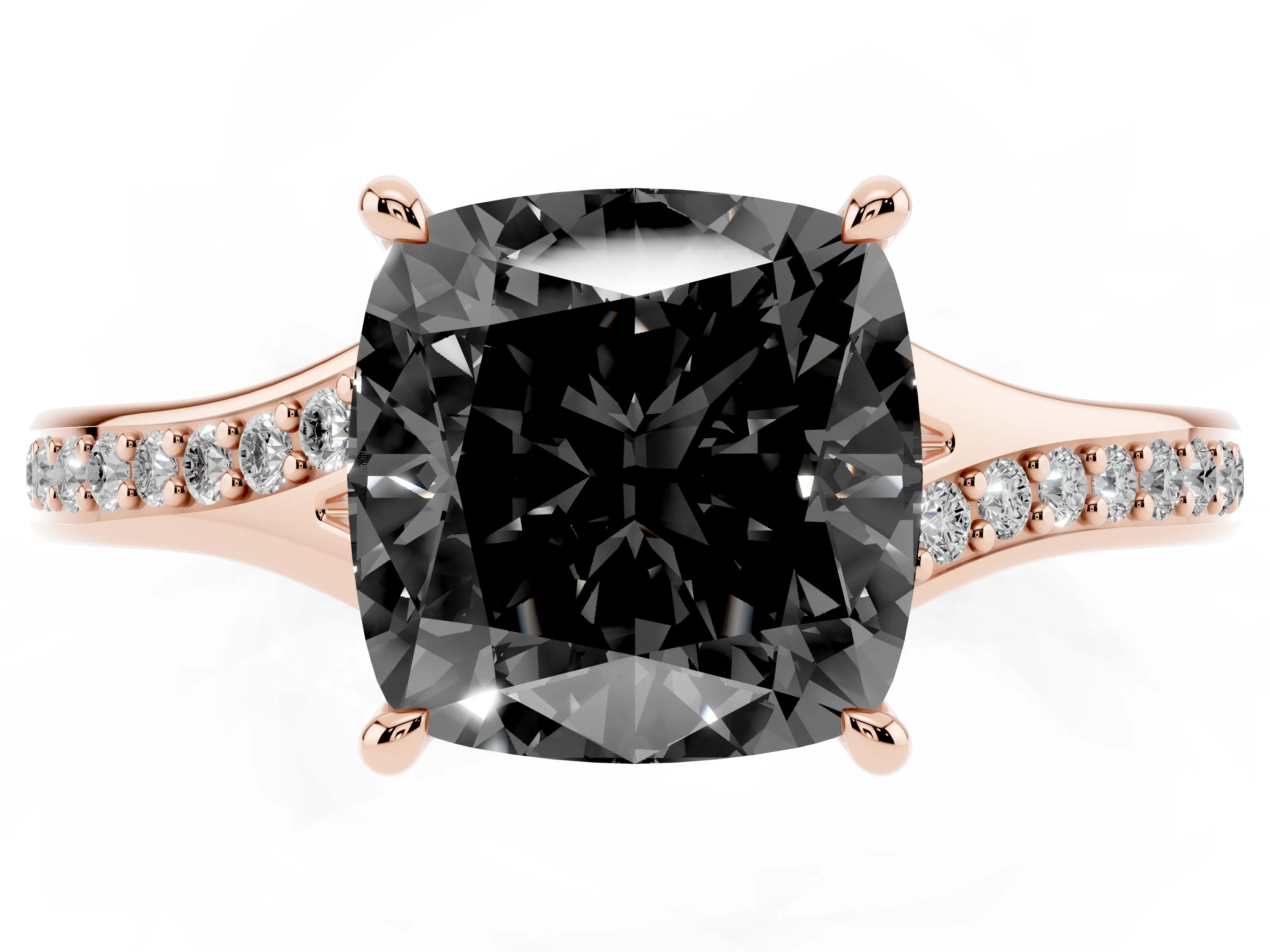 Fancy Black Cushion Cut Diamond Solitaire Ring Set in Rose gold with Pavé Accent Band and Classic Prong Setting