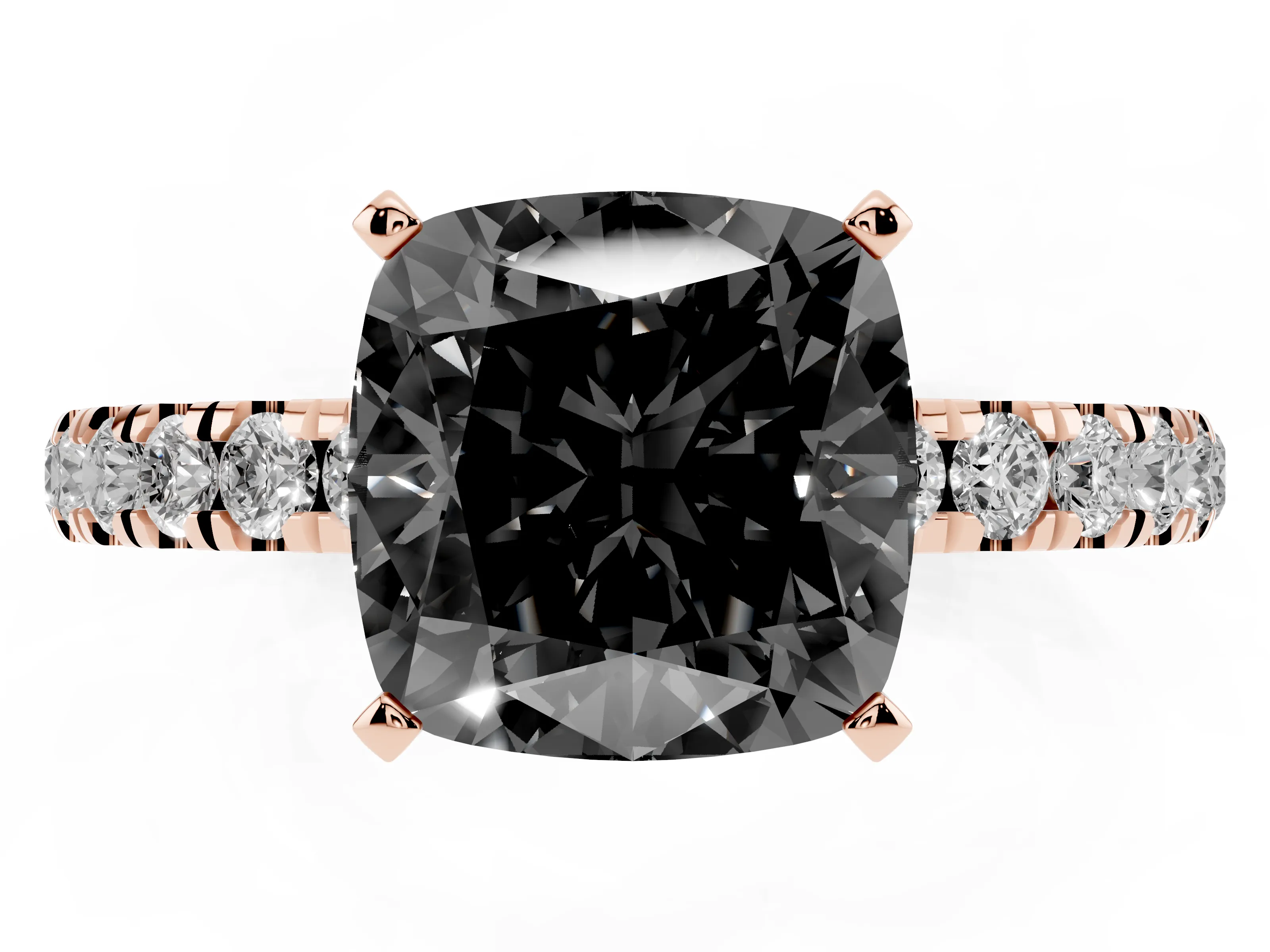 Fancy Black Cushion Cut Diamond Solitaire Ring Set in Rose gold with Pavé Accents and Prong Setting