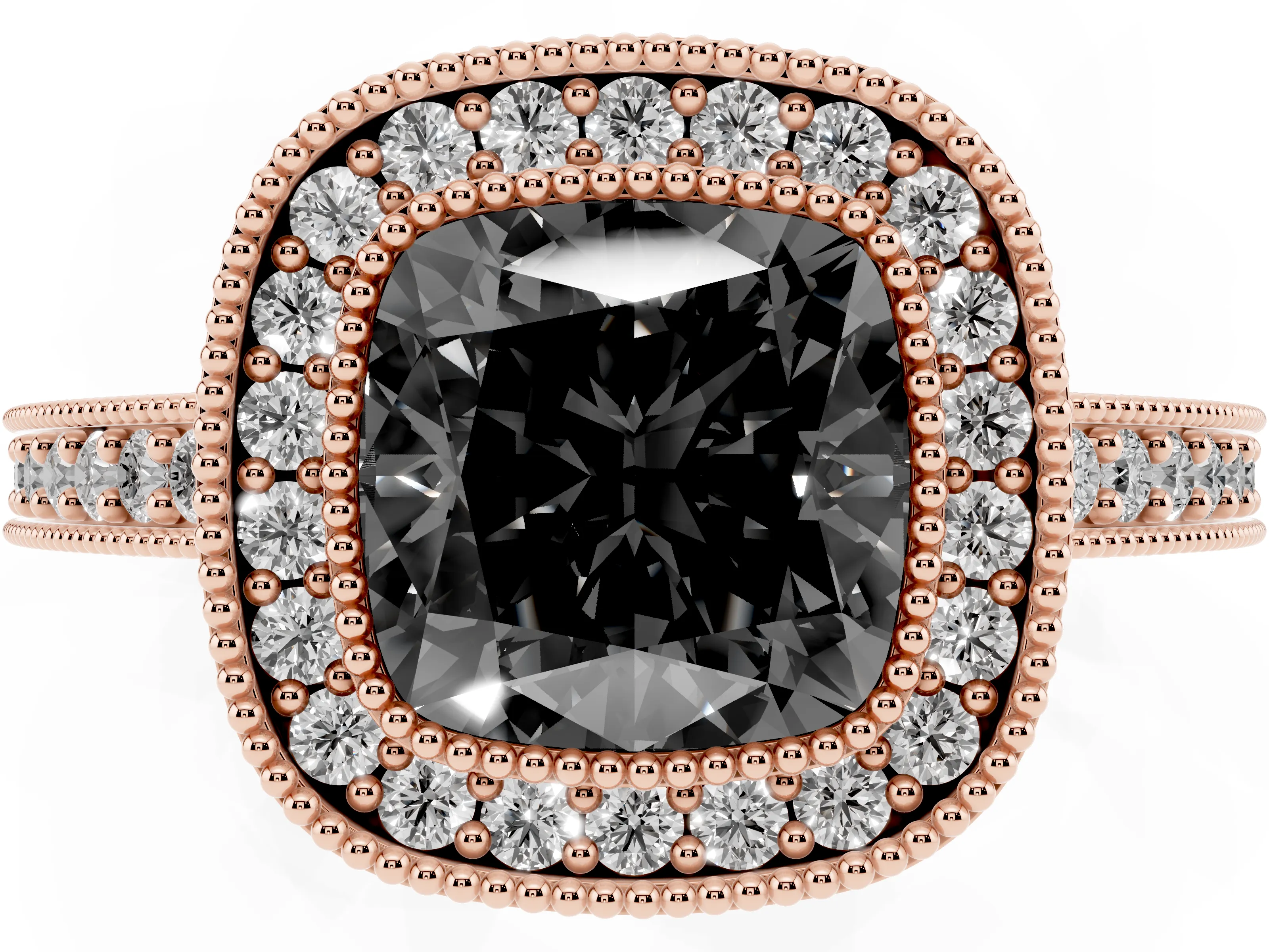 Fancy Black Cushion Cut Diamond Halo Engagement Ring Set in Rose gold with Pavé Band and Round Halo Stones