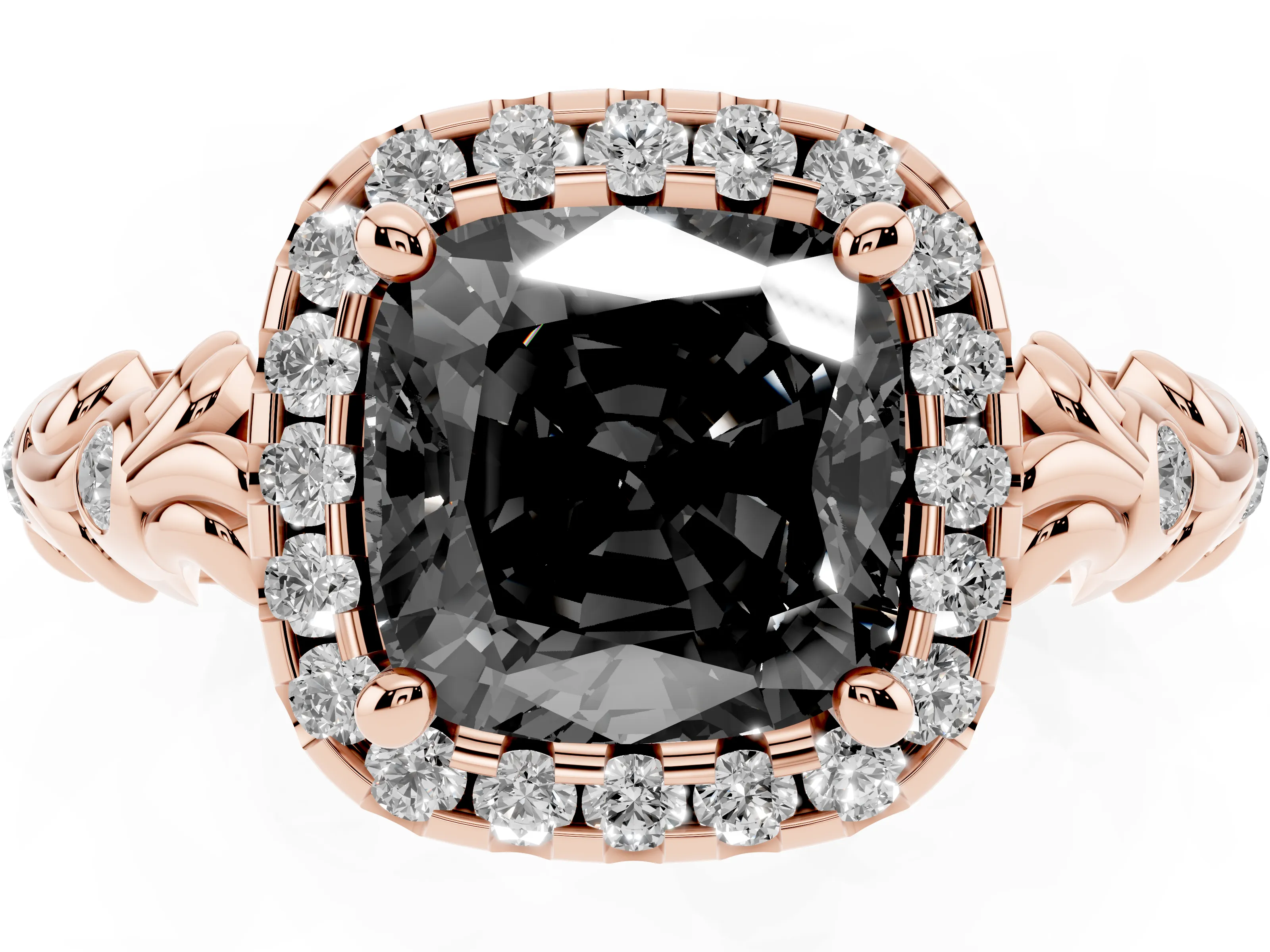 Fancy Black Cushion Cut Diamond Halo Ring Set in Rose gold with Filigree Leaf Band and Prong Setting