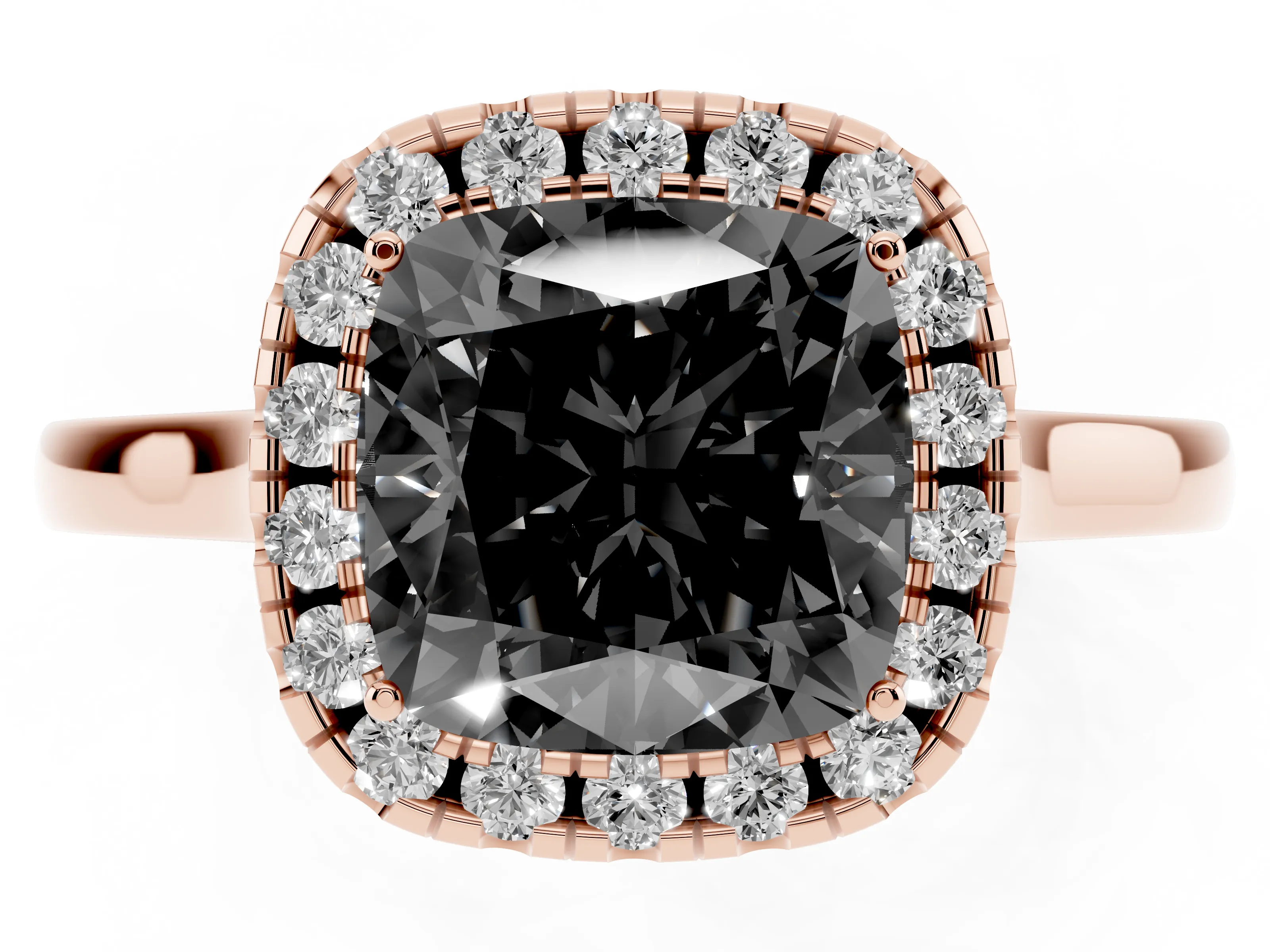 Fancy Black Cushion Cut Halo Round Diamond Solitaire Ring Set in Rose gold with Pavé Band and Prong Setting