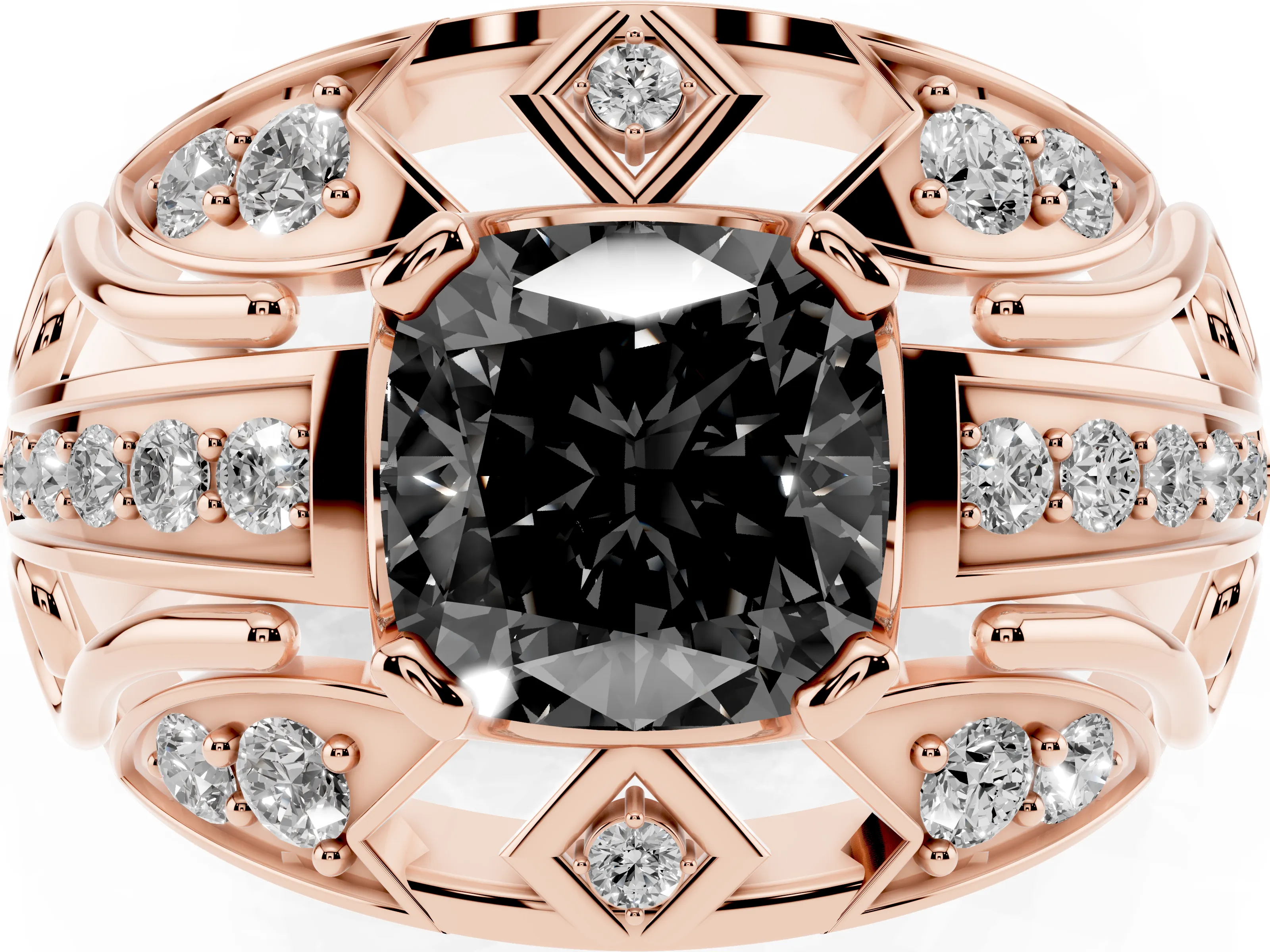 Fancy Black Cushion Cut Diamond Art Deco Ring Set in Rose gold with Pavé Split Shank