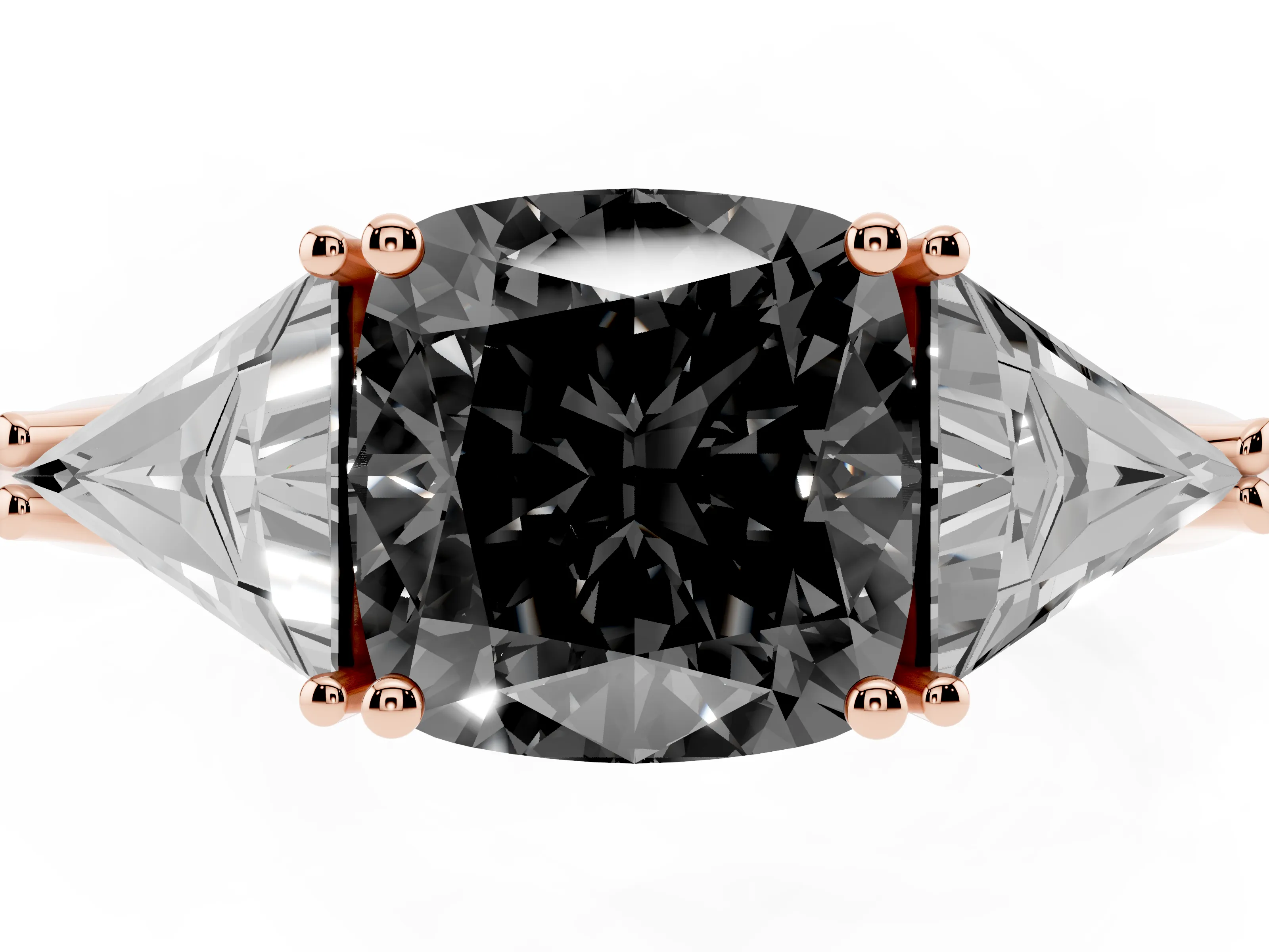 Fancy Black Cushion Cut Diamond Three-Stone Engagement Ring Set in Rose gold with Trillion Side Stones