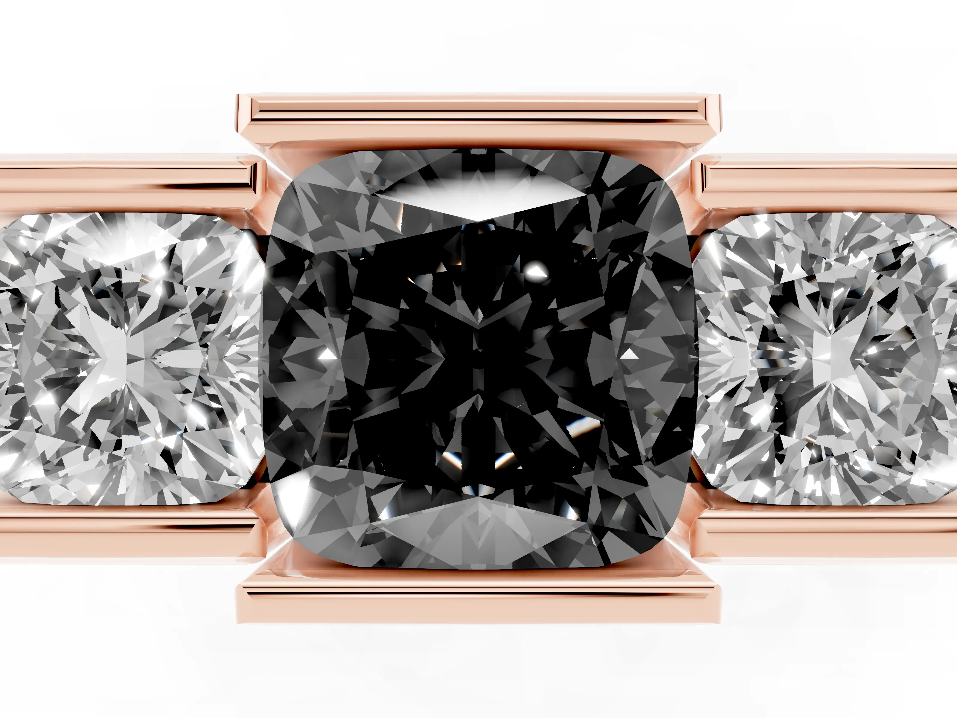 Fancy Black Cushion Cut Diamond Three-Stone Channel Set Ring Set in Rose gold with Smooth Polished Band
