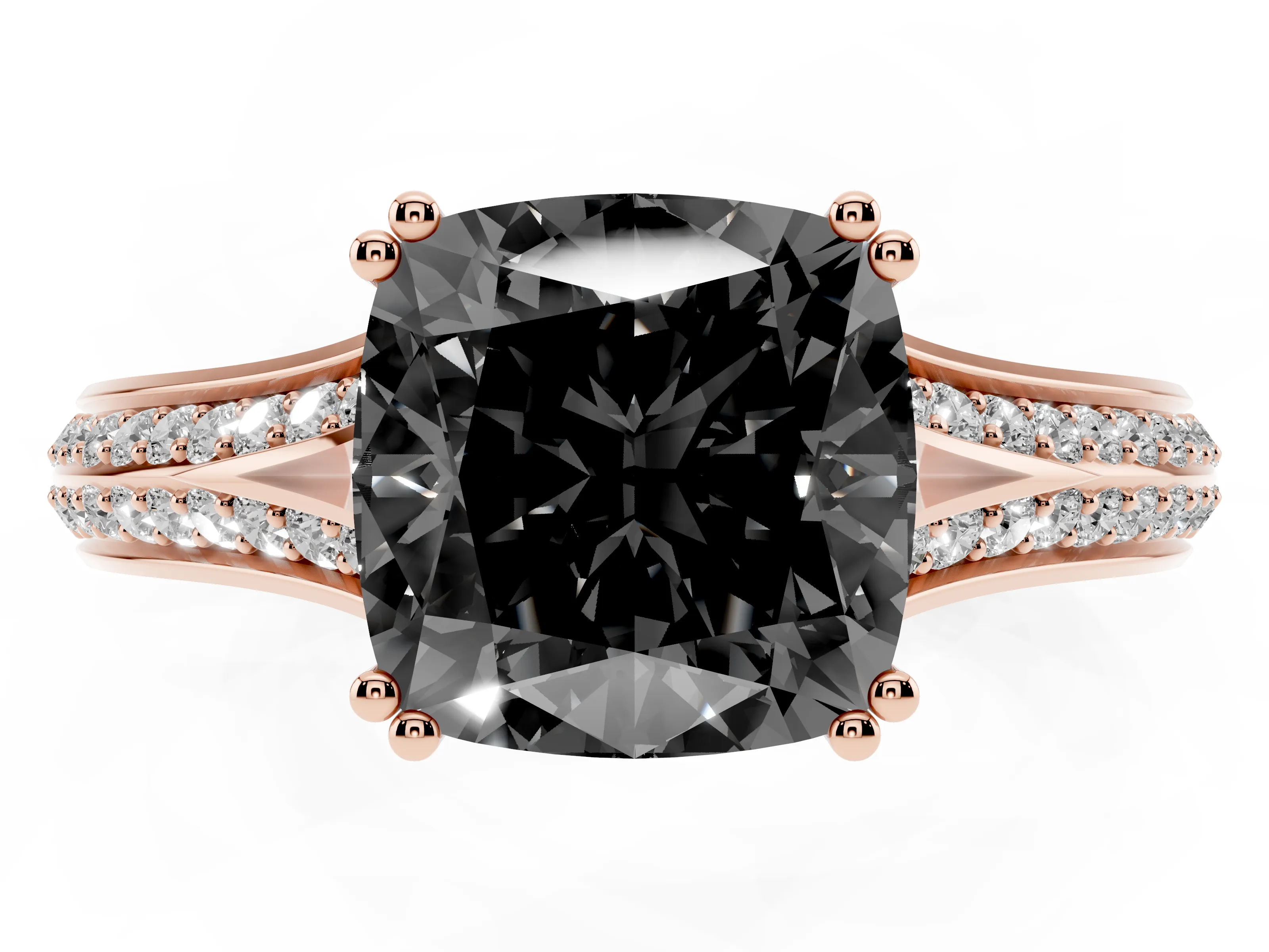 Fancy Black Cushion Cut Diamond Split Shank Pavé Engagement Ring Set in Rose gold with Prong-Set Center Stone