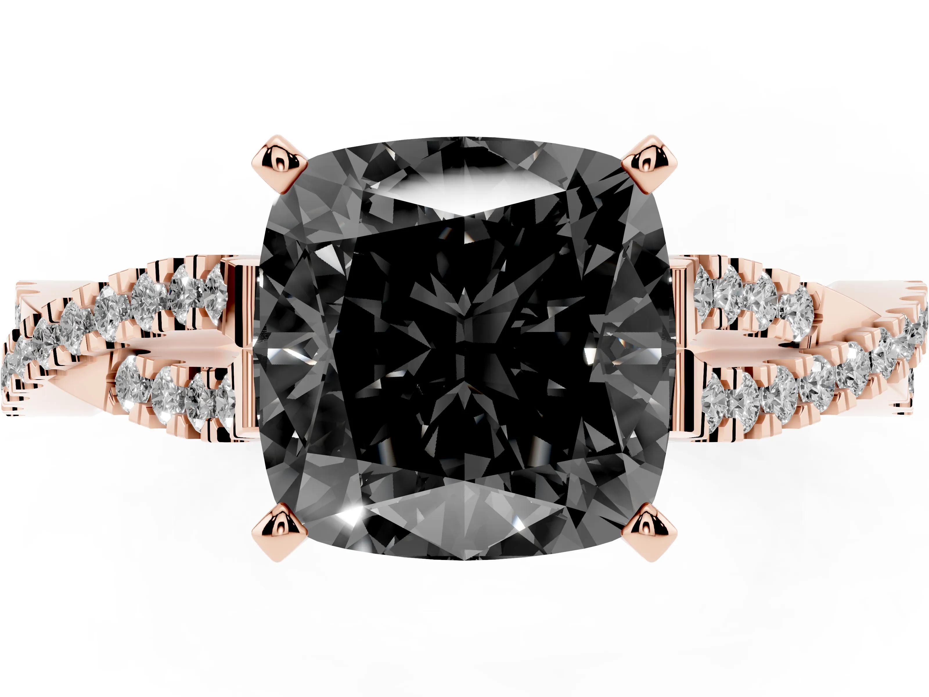 Fancy Black Cushion Cut Diamond Solitaire Engagement Ring Set in Rose gold with Twisted Pavé Band and Prong Setting