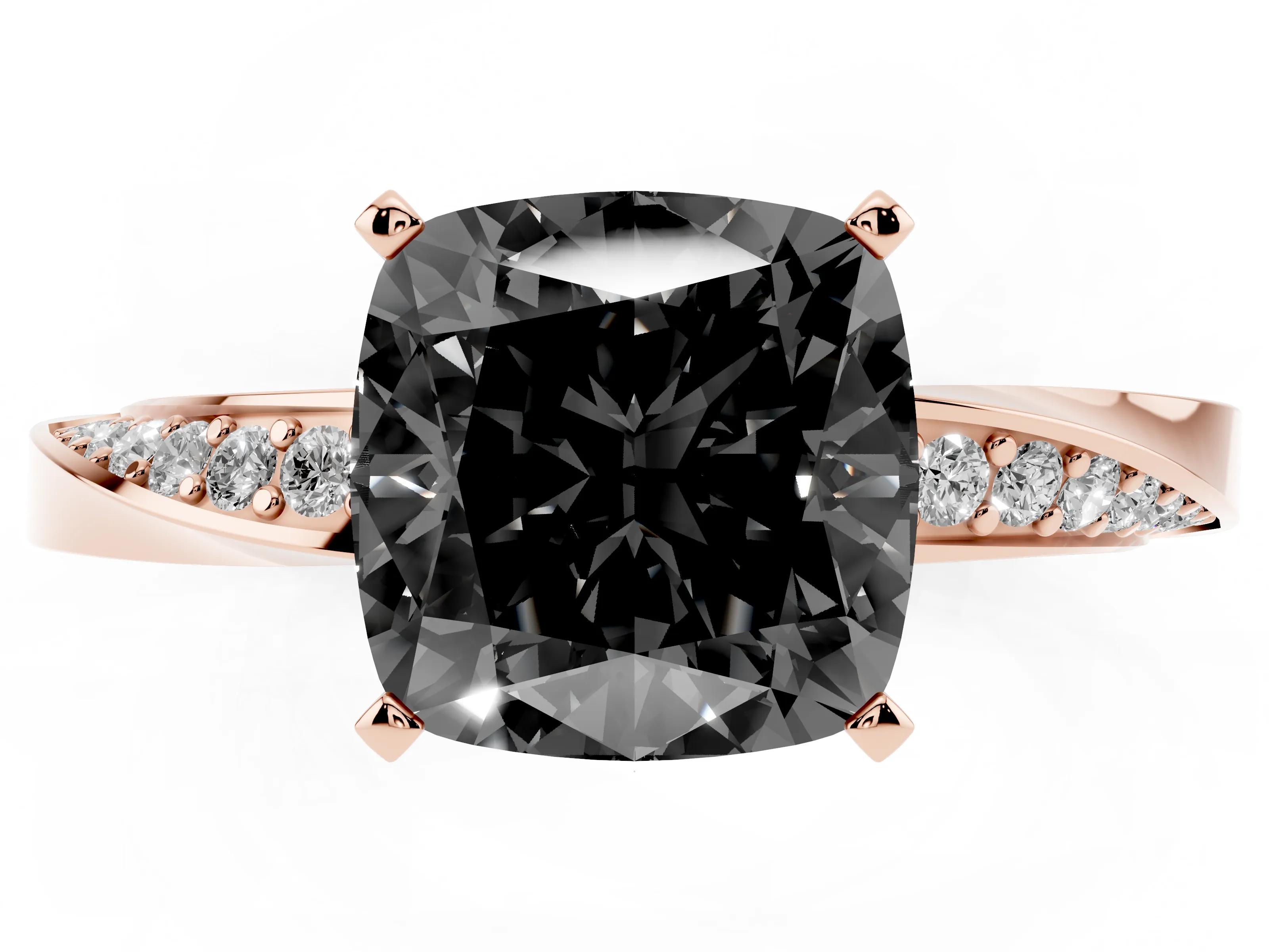 Fancy Black Cushion Cut Diamond Engagement Ring Set in Rose gold with Side Stone Accents and Prong Setting
