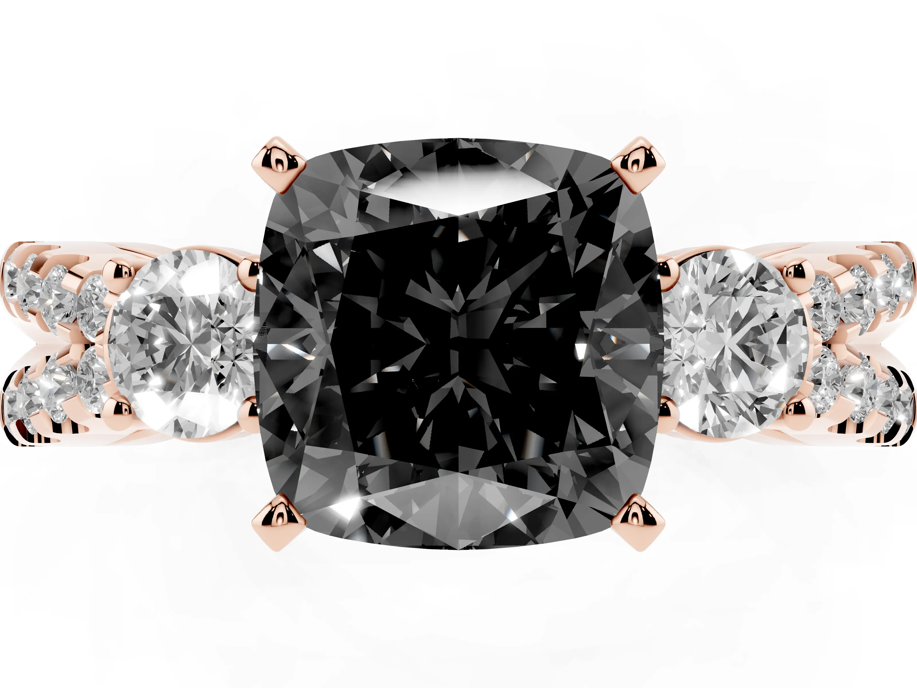 Fancy Black Cushion Cut Diamond Three-Stone Ring Set in Rose gold with Pavé Split Shank and Prong Setting