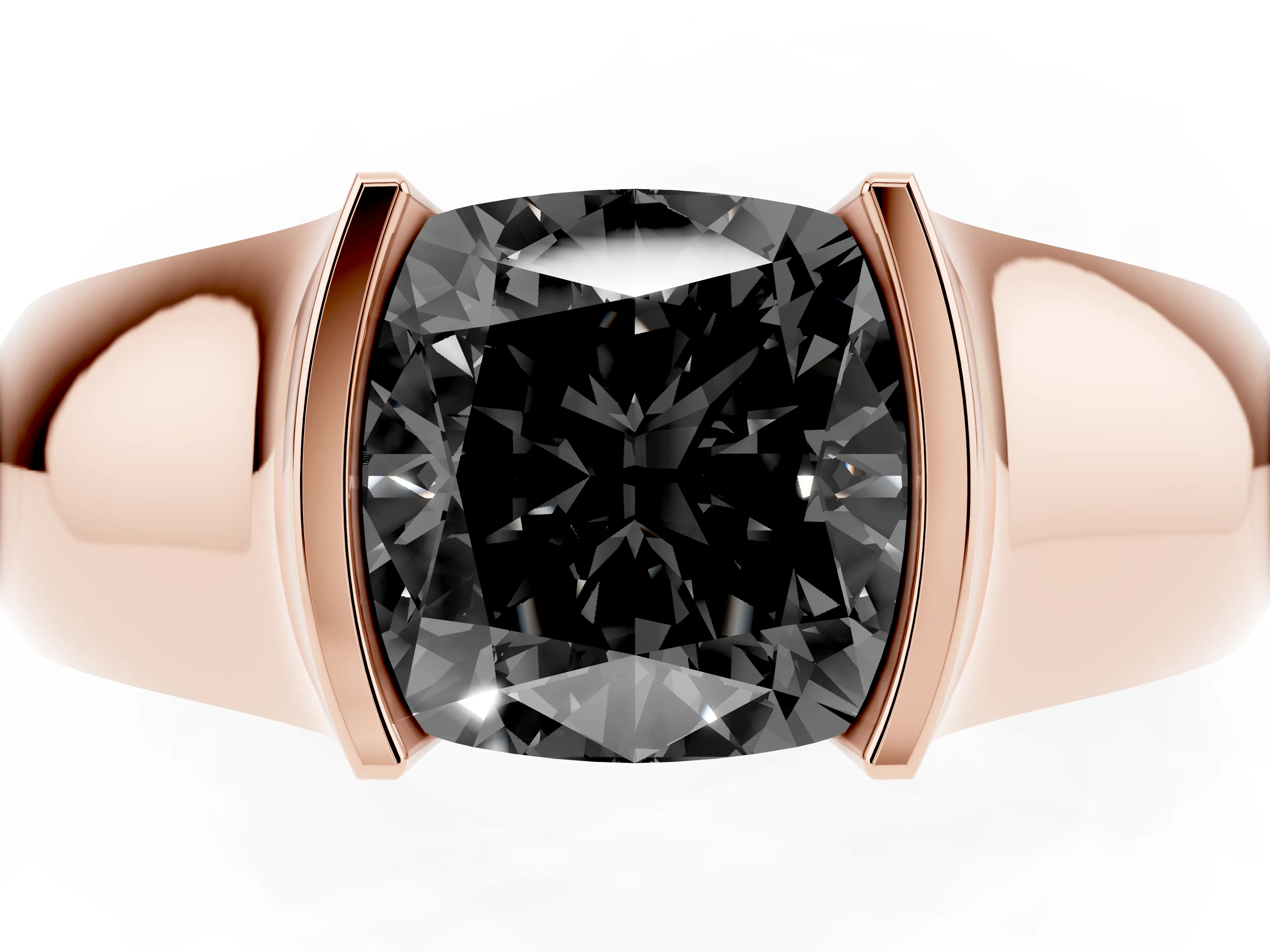 Fancy Black Cushion Cut Diamond Bezel Solitaire Ring Set in Rose gold with Wide Band