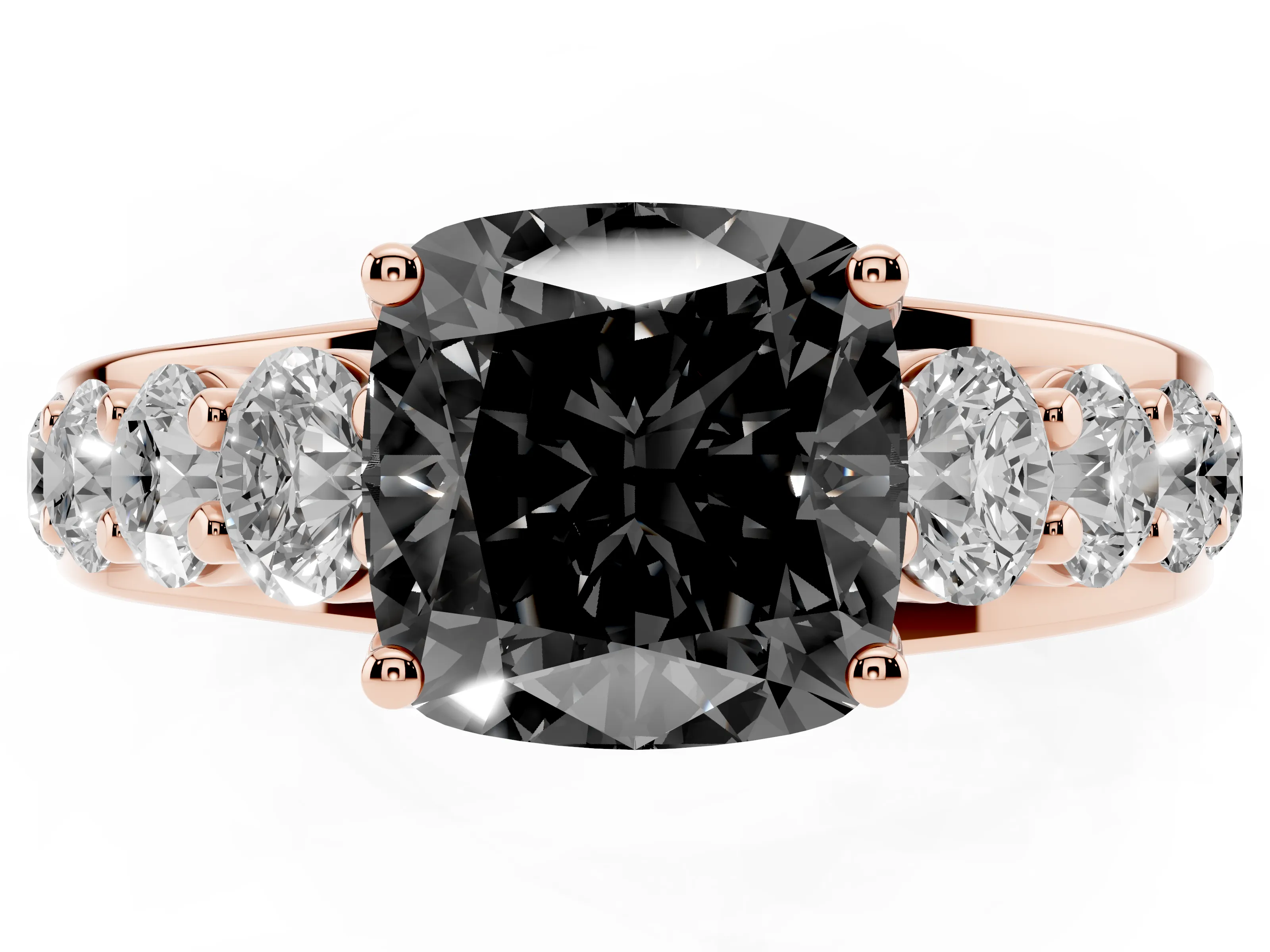 Fancy Black Cushion Cut Diamond Pavé Engagement Ring Set in Rose gold with Prong Setting