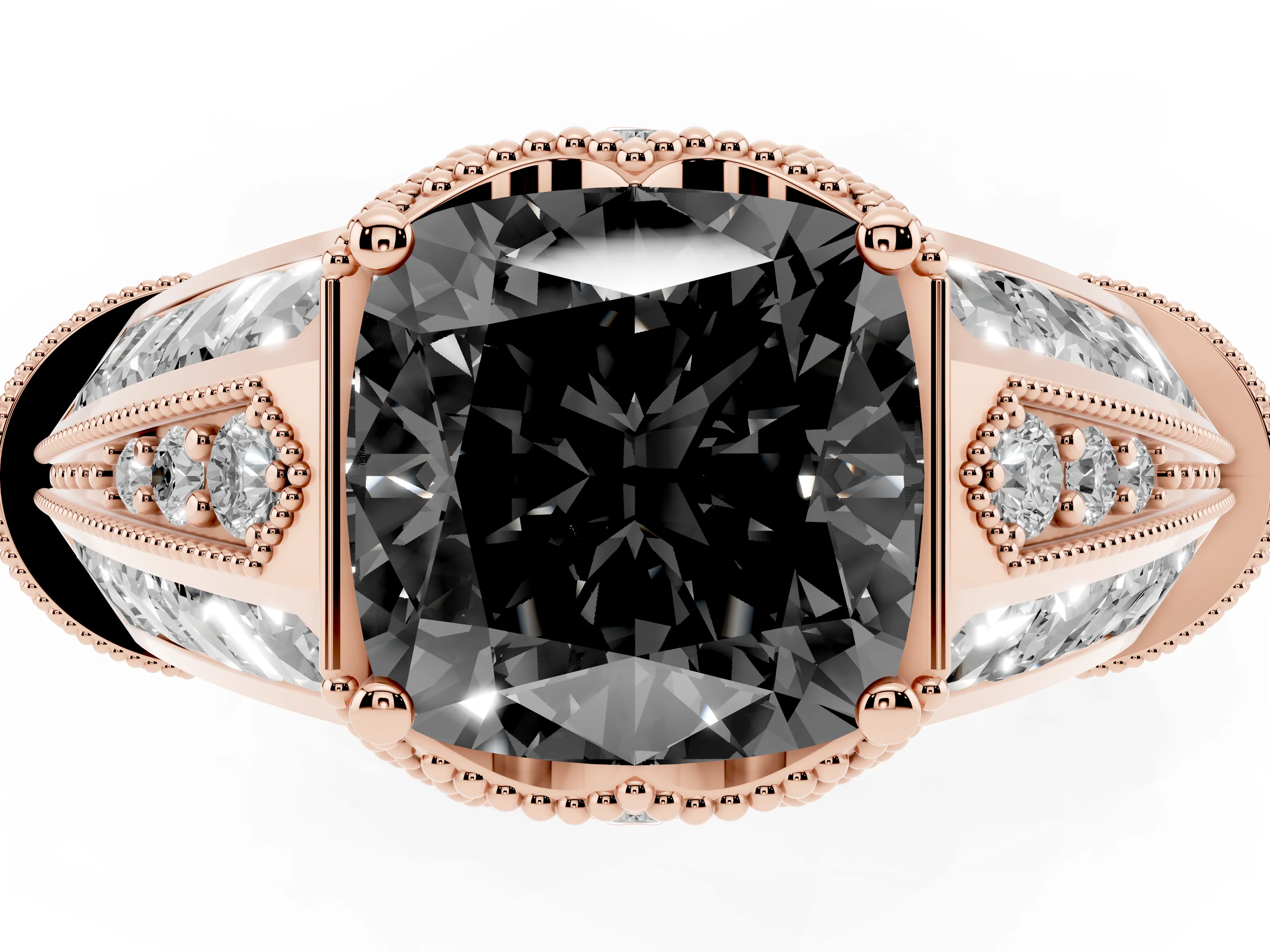 Fancy Black Cushion Cut Diamond Vintage-Inspired Milgrain Ring Set in Rose gold with Accent Split Shank