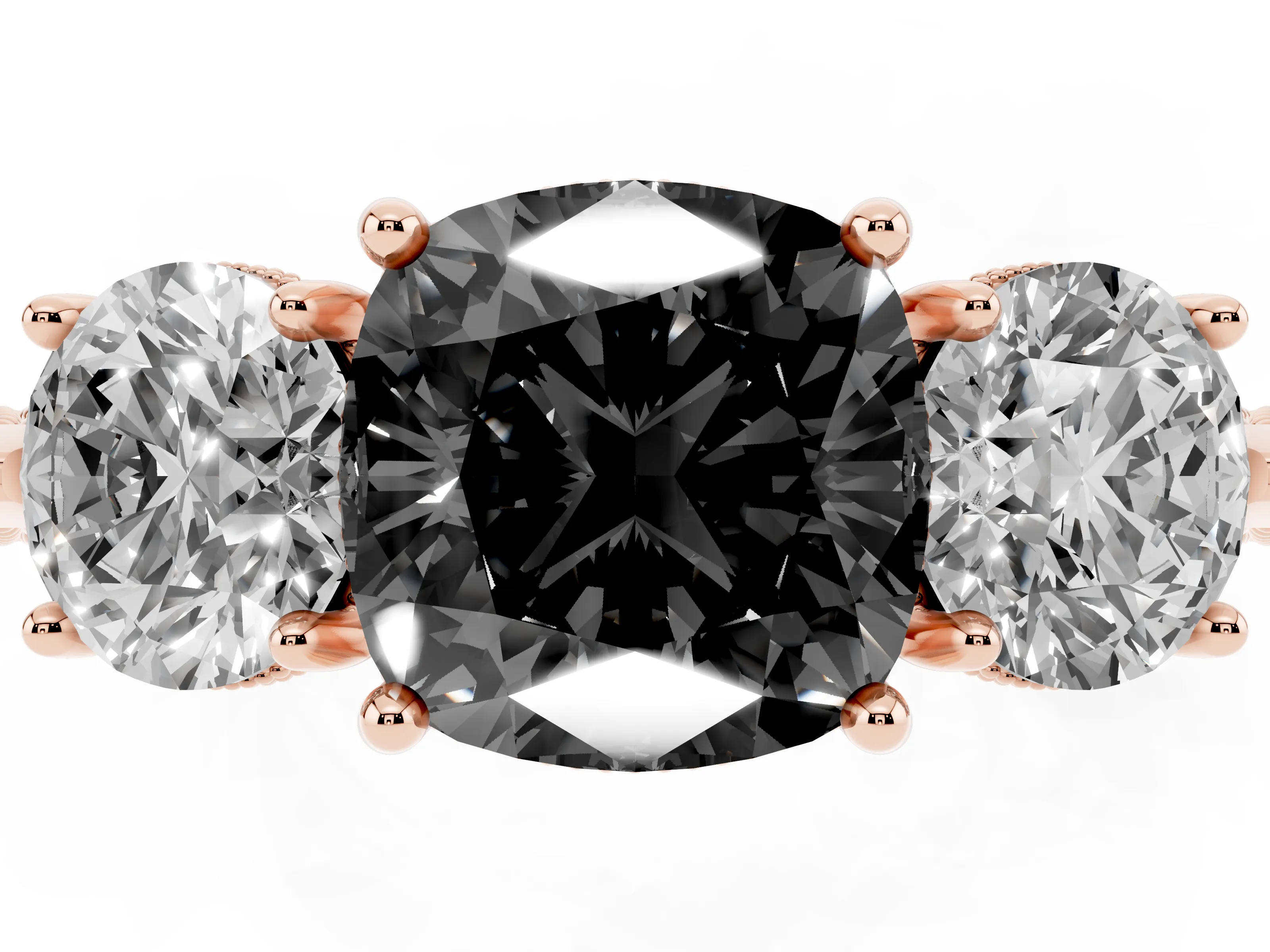 Fancy Black Cushion Cut Diamond Three-Stone Ring Set in Rose gold with Milgrain Band
