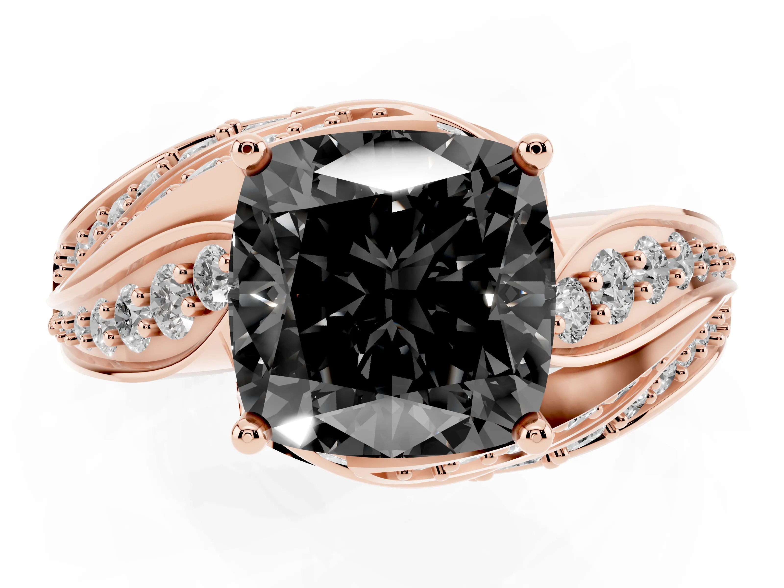 Fancy Black Cushion Cut Diamond Solitaire Ring Set in Rose gold with Layered Twist Pavé Band