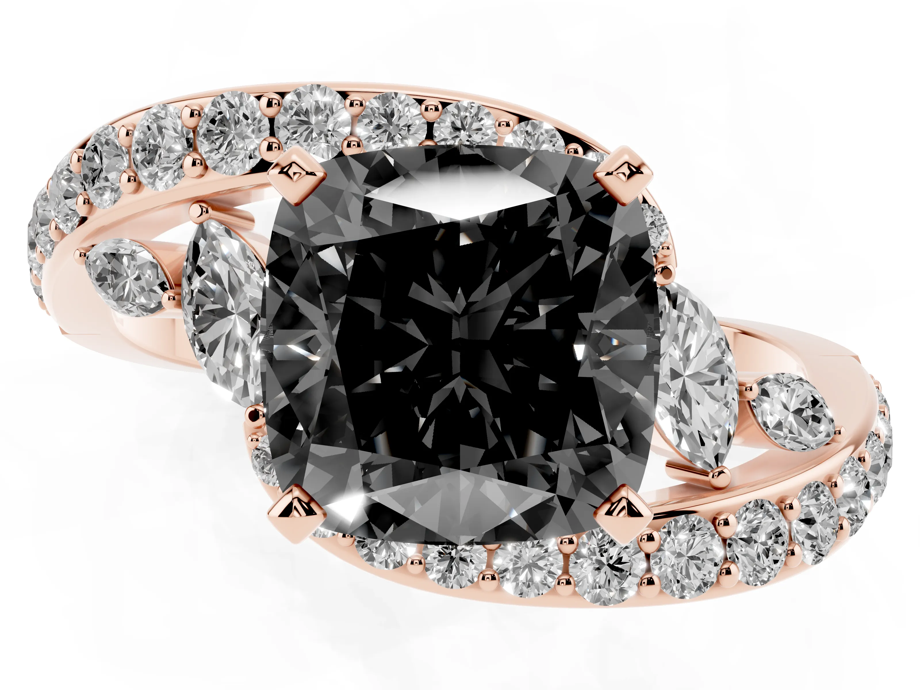 Fancy Black Cushion Cut Diamond Solitaire Ring Set in Rose gold with Filigree Band and Prong Setting