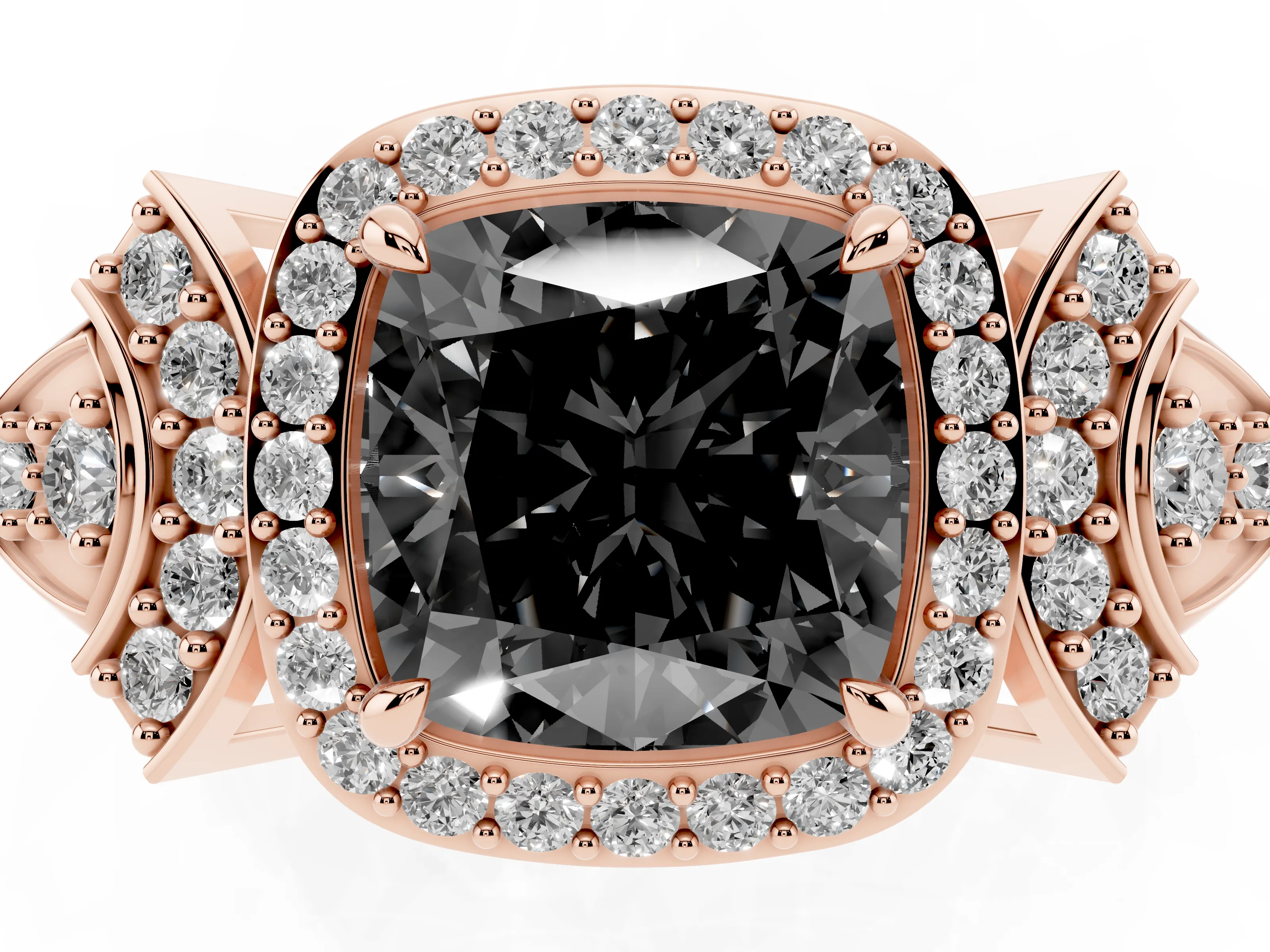 Fancy Black Cushion Cut Diamond Halo Engagement Ring Set in Rose gold with Accent Stone Split Shank