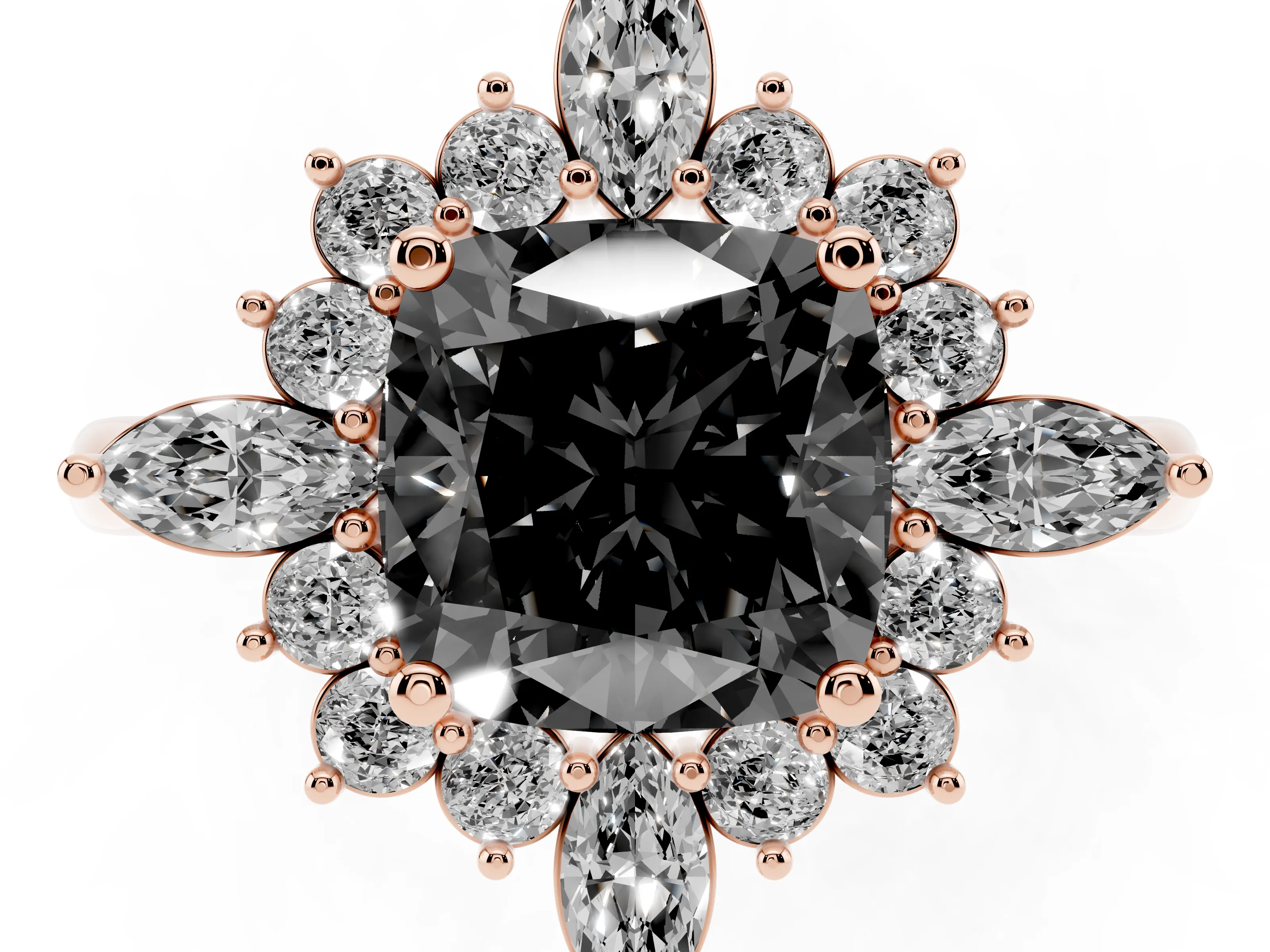 Fancy Black Cushion Cut Diamond Cluster Halo Ring Set in Rose gold with Marquise and Round Accents