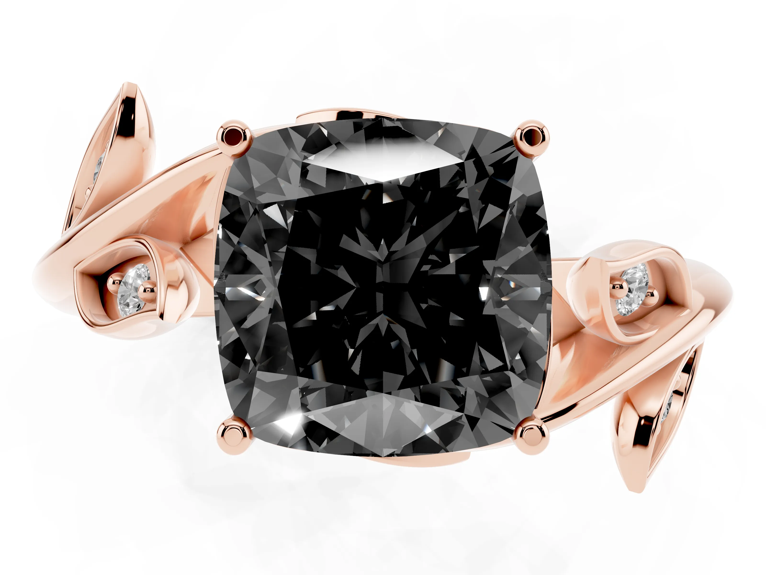 Fancy Black Cushion Cut Diamond Solitaire Twist Engagement Ring Set in Rose gold with Pavé Leaf Accents