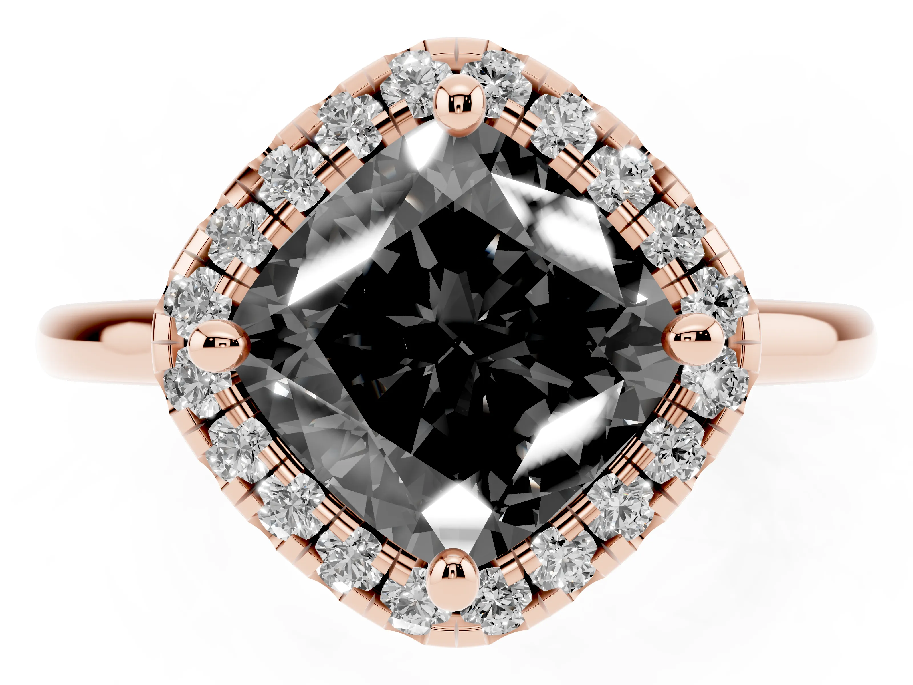 Fancy Black Cushion Cut Diamond Halo Engagement Ring Set in Rose gold with Pavé Band and Rising Shoulders