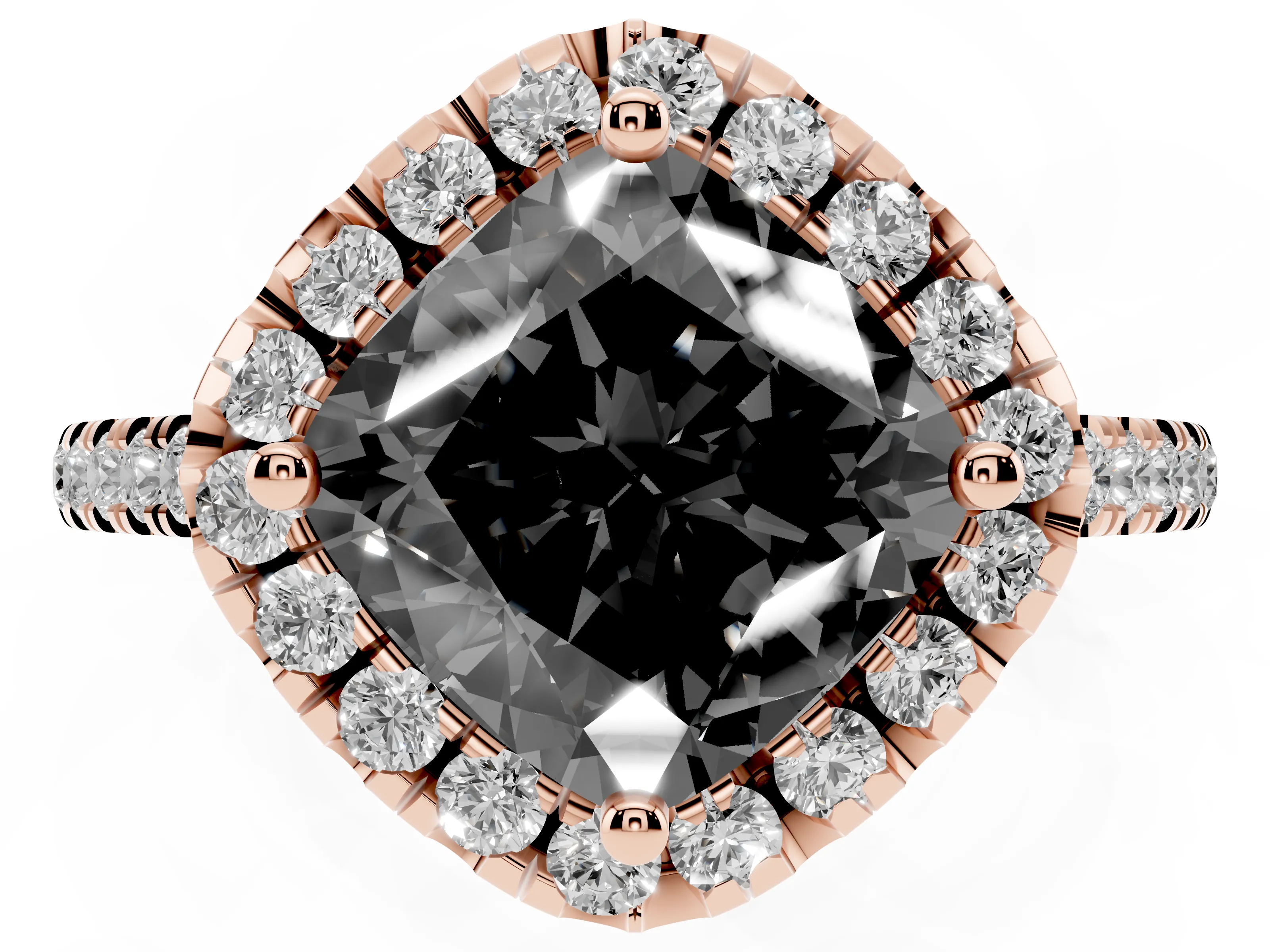 Fancy Black Cushion Cut Diamond Cushion Halo Ring Set in Rose gold with Pavé Band