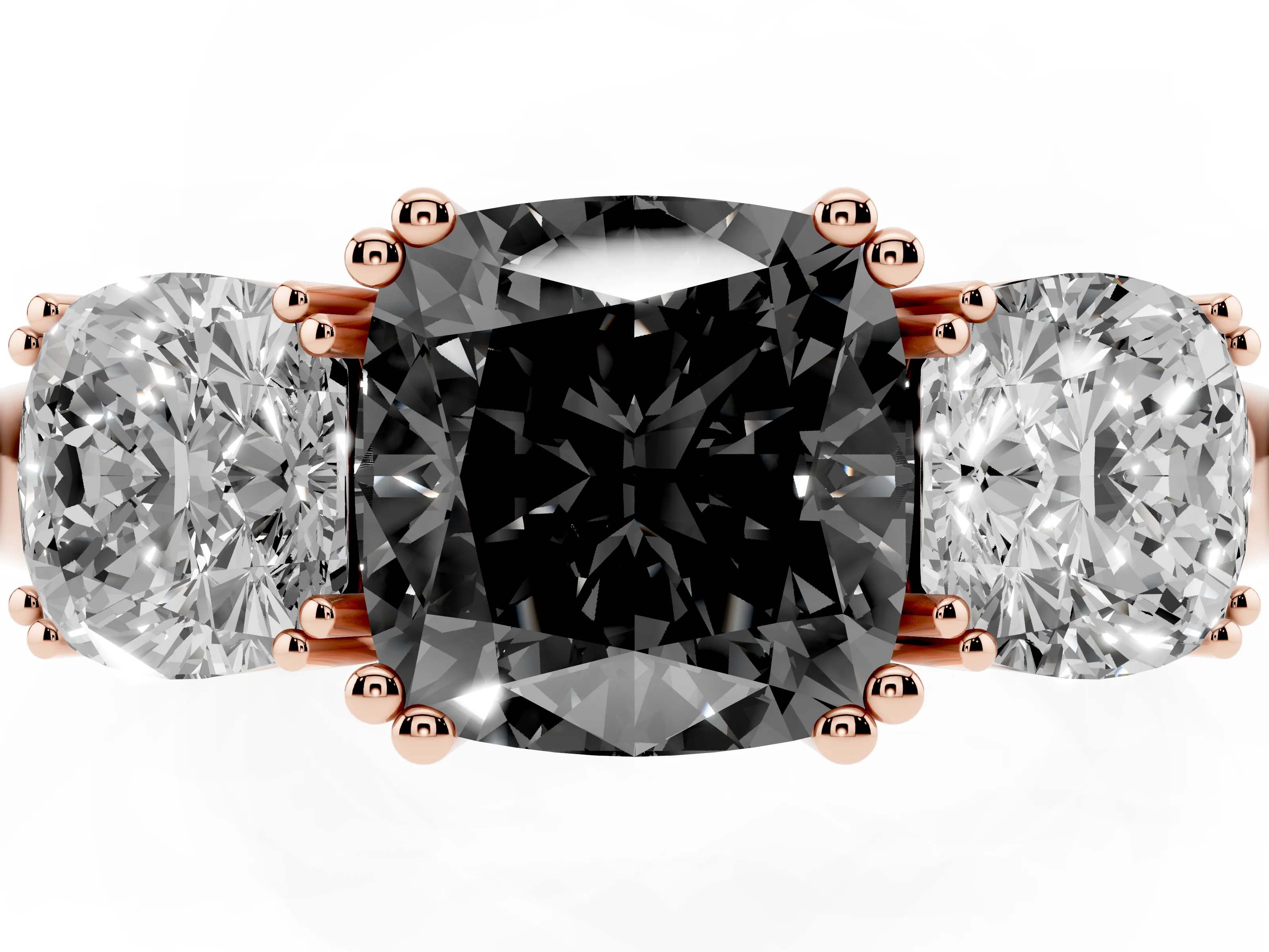 Fancy Black Cushion Cut Diamond Three-Stone Ring Set in Rose gold with Polished Band and Prong Setting