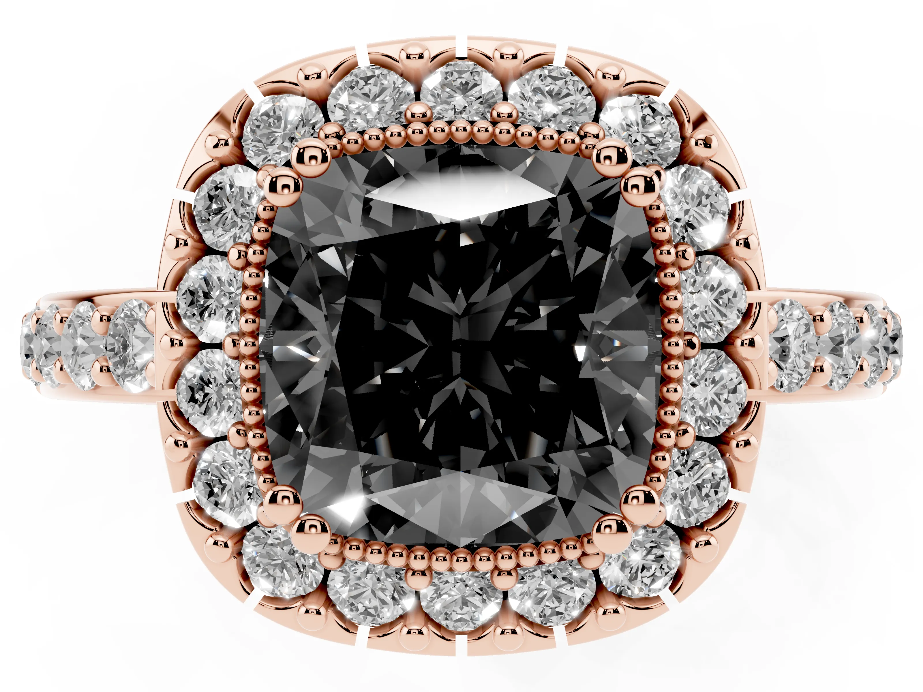 Fancy Black Cushion Cut Diamond Halo Ring Set in Rose gold with Pavé Shank and Prong Setting