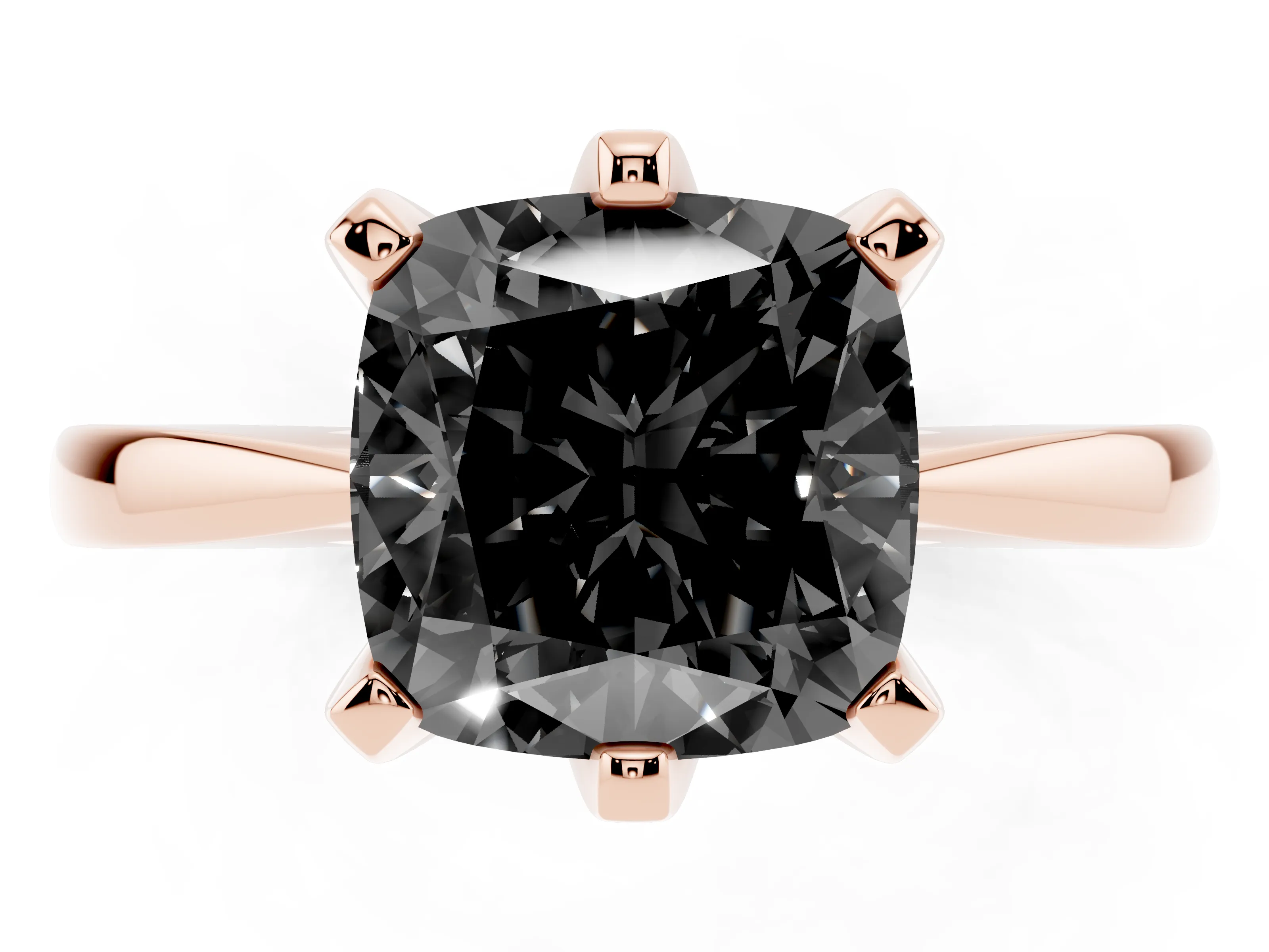 Fancy Black Cushion Cut Diamond Solitaire Engagement Ring Set in Rose gold with Slim Tapered Solitaire Band