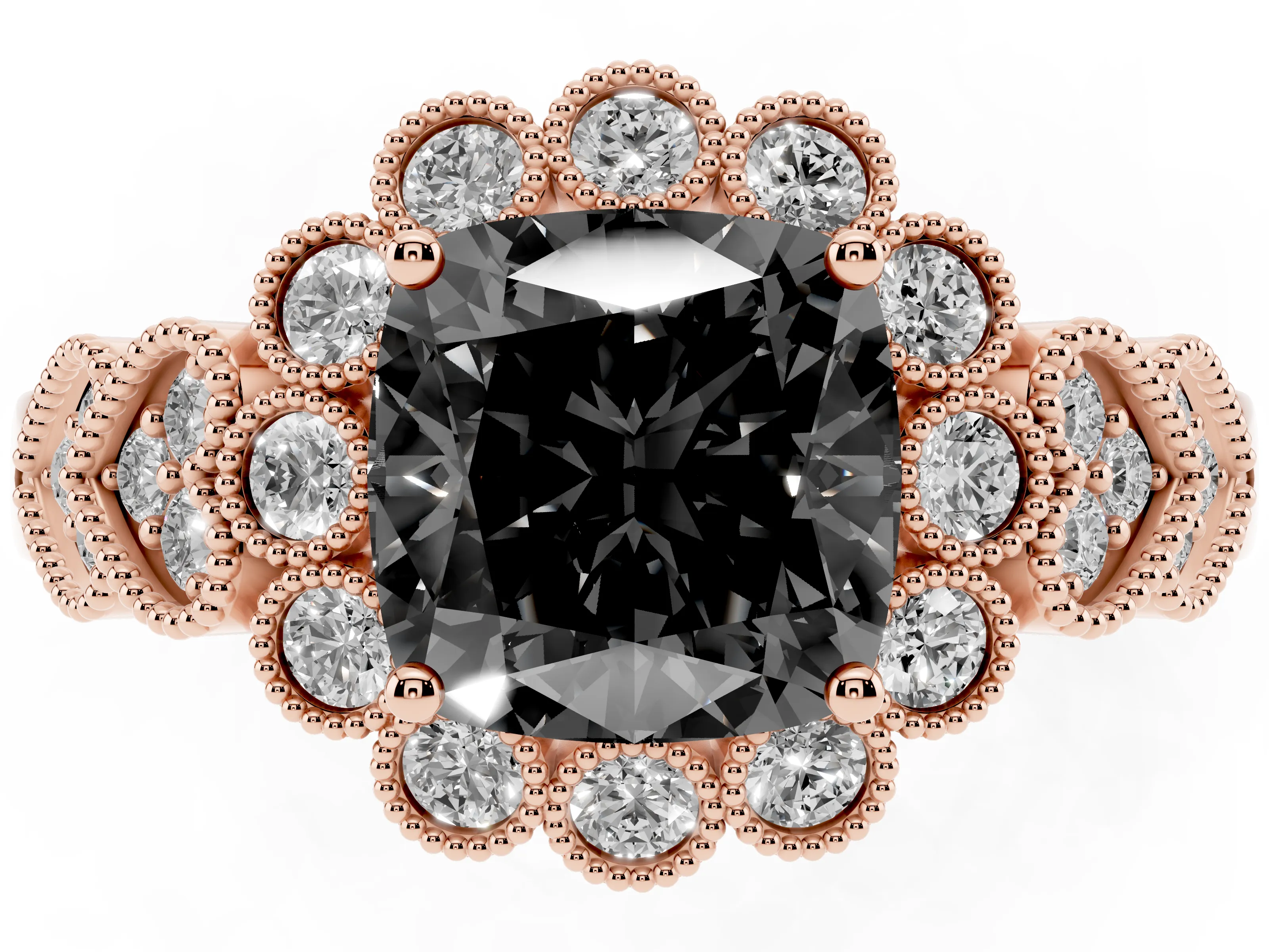 Fancy Black Cushion Cut Diamond Solitaire Ring Set in Rose gold with Milgrain Pavé Heart Band